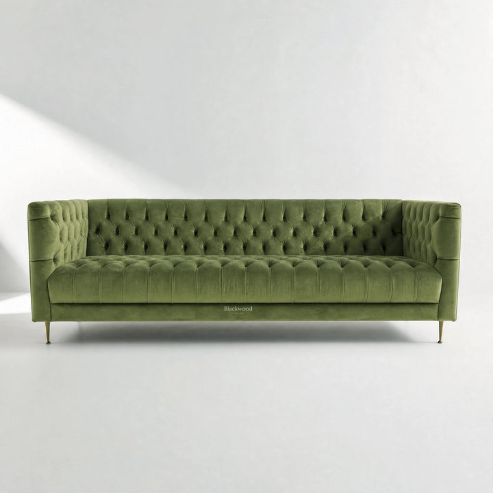 Wellington Club Sofa - Green Velvet with deep button tufting across the seat, back, and arms.