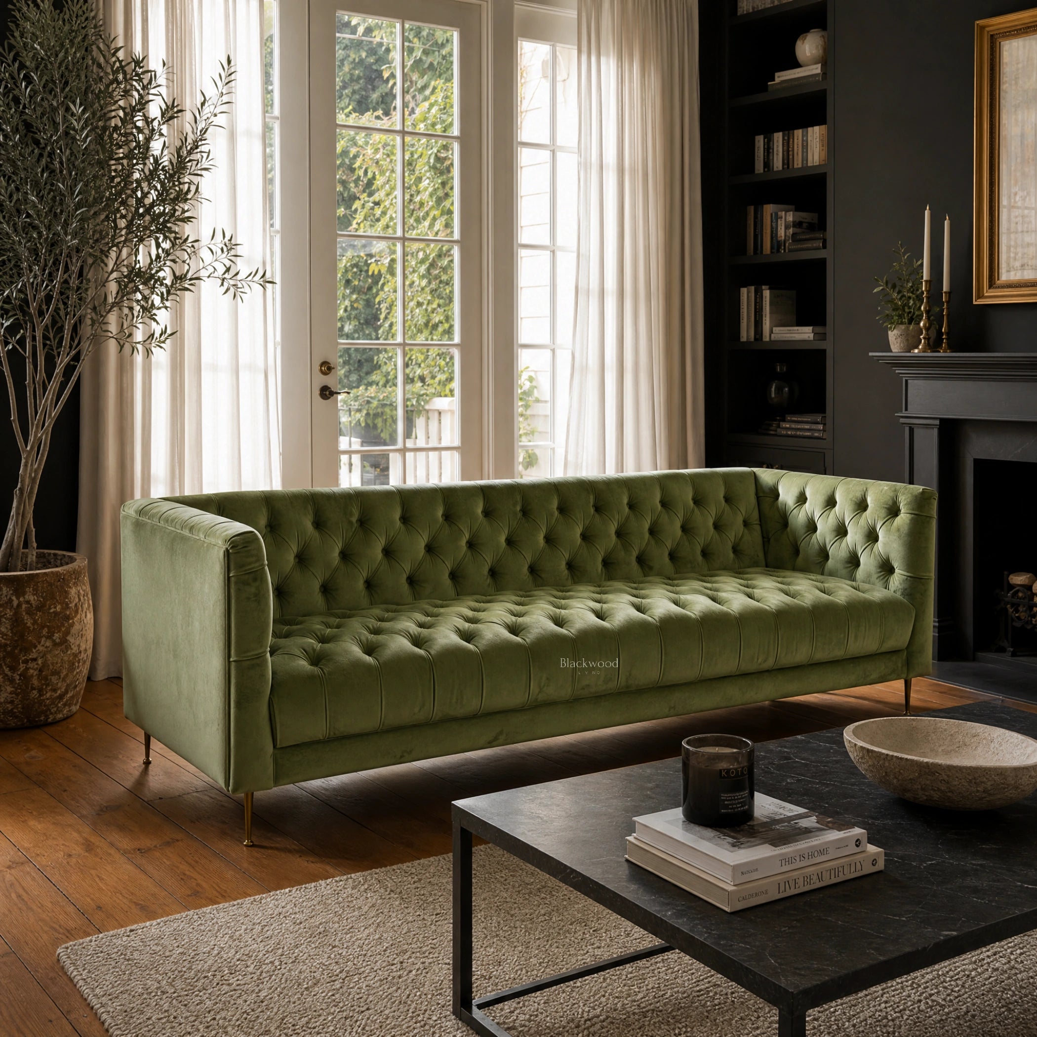 Green velvet Wellington Club Sofa with deep tufting on seat, back, and arms, in a refined living room.