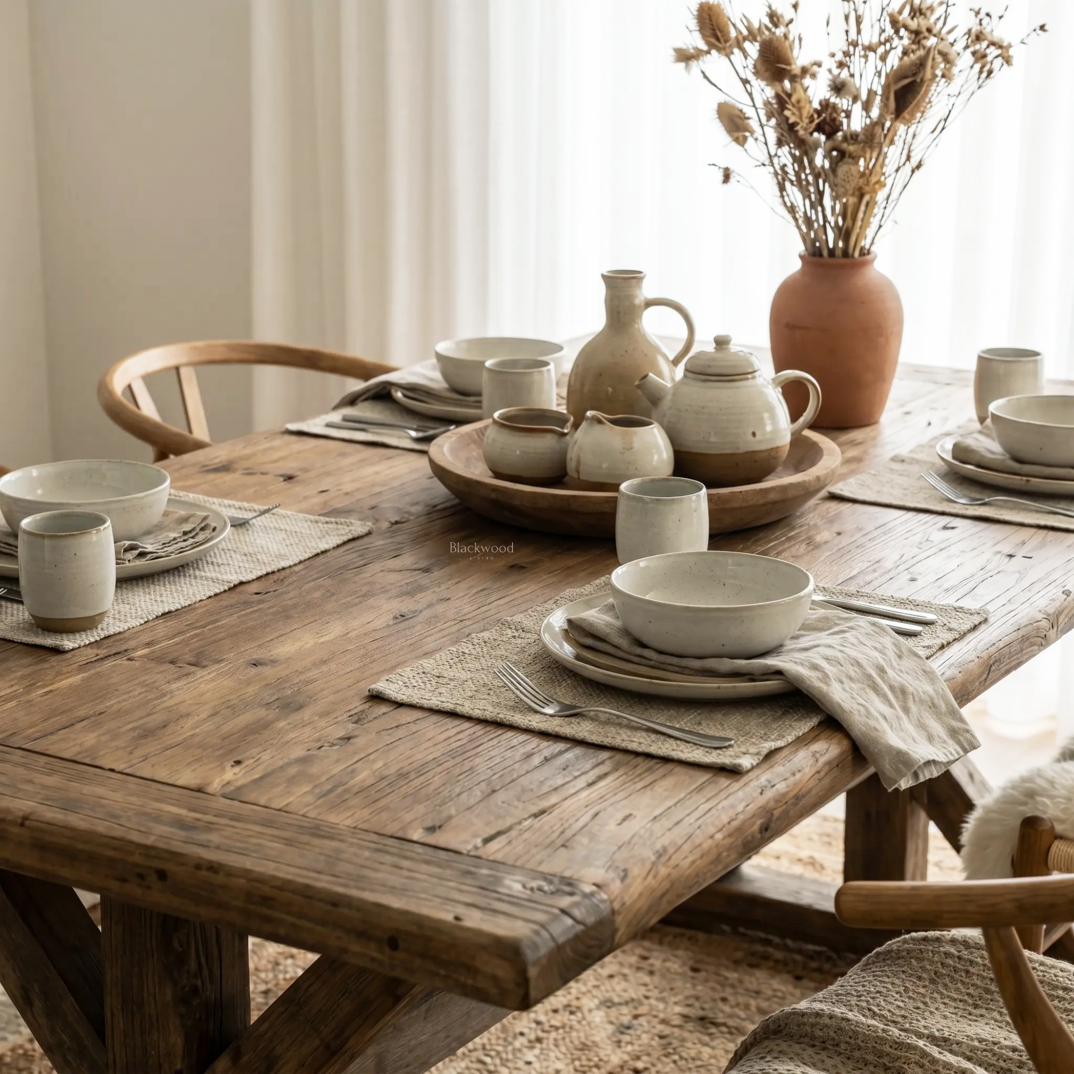 Foundry Dining Table, recycled elm, in a sunlit dining room with ceramic dinnerware and a vase of dried stems.