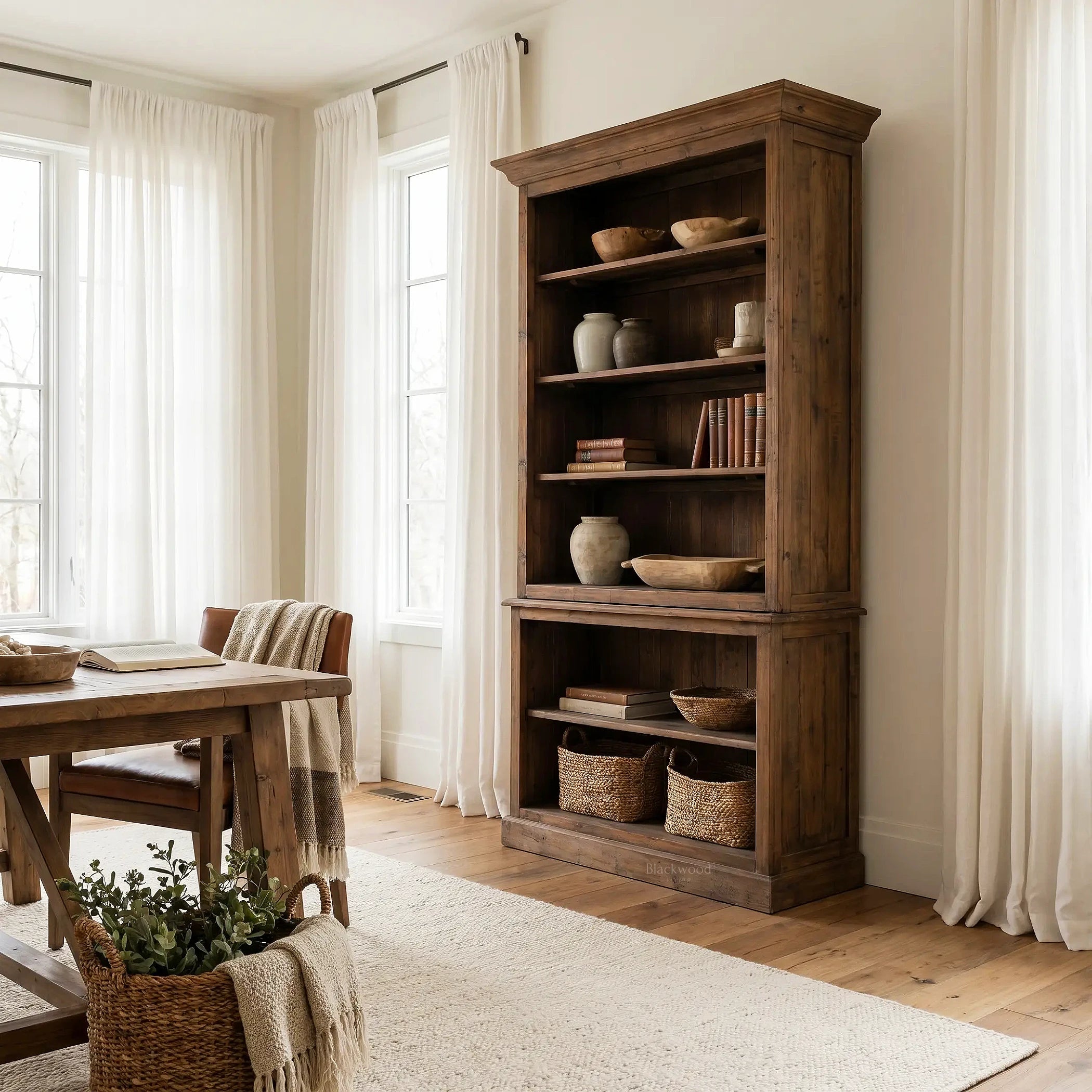 Wycliffe Bookcase in textured recycled pine with open shelves holding pottery, books, and baskets.