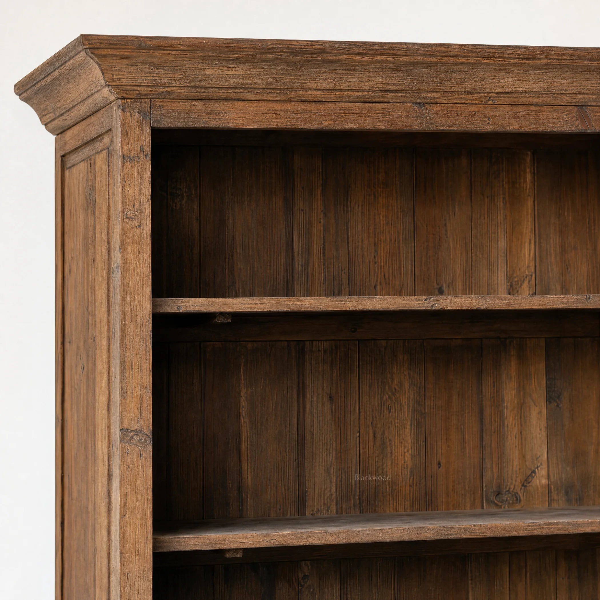 Wycliffe Bookcase in recycled pine with textured finish and classic molding.