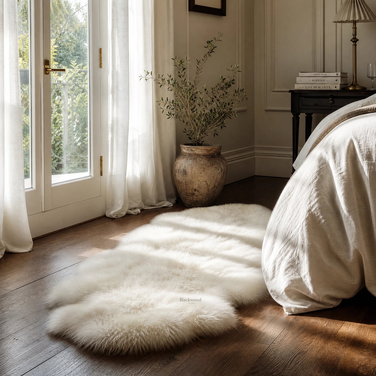 Ivory double sheepskin rugs spread across a wooden floor beside a bed in a serene cream-toned bedroom.