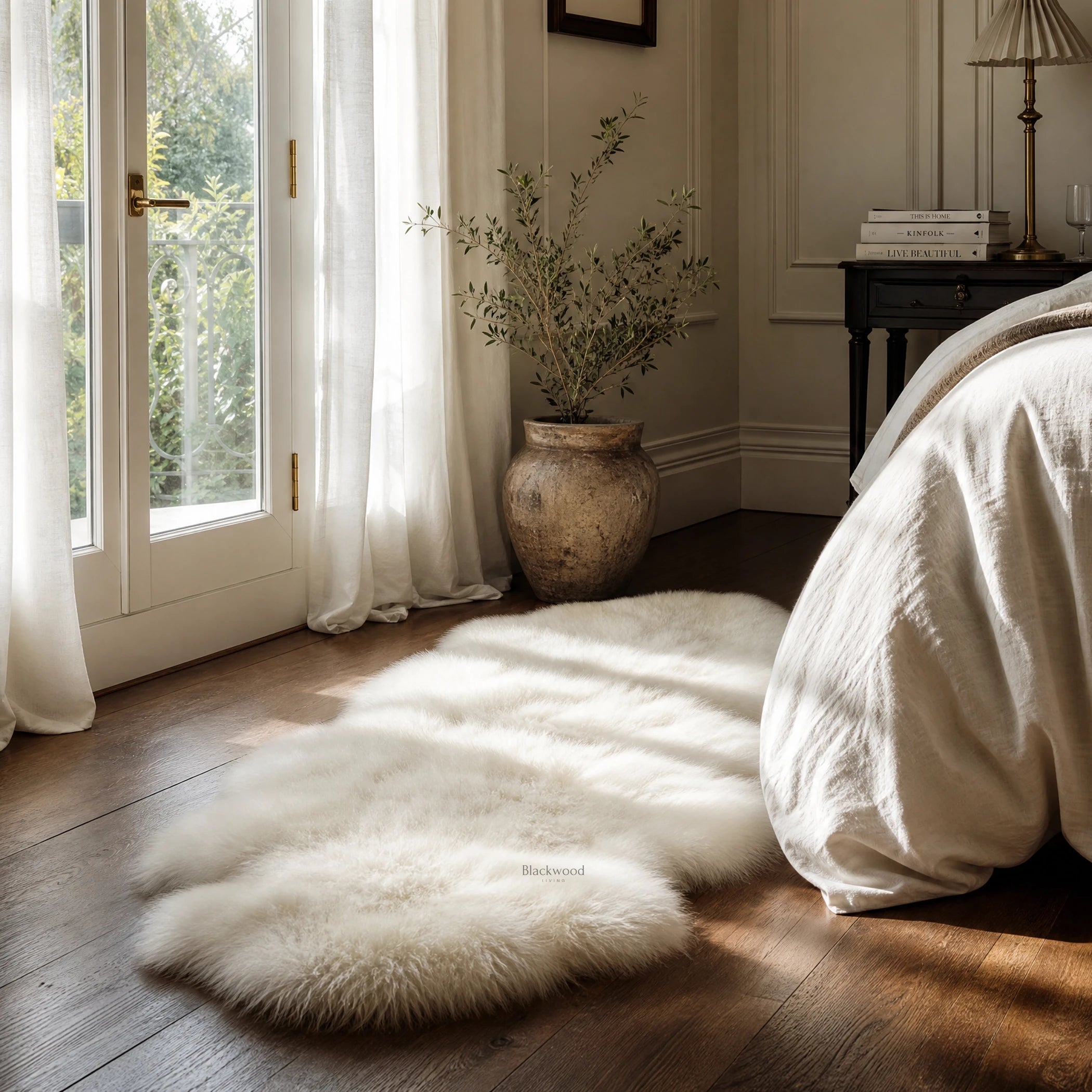 Ivory double sheepskin rugs spread across a wooden floor beside a bed in a serene cream-toned bedroom.