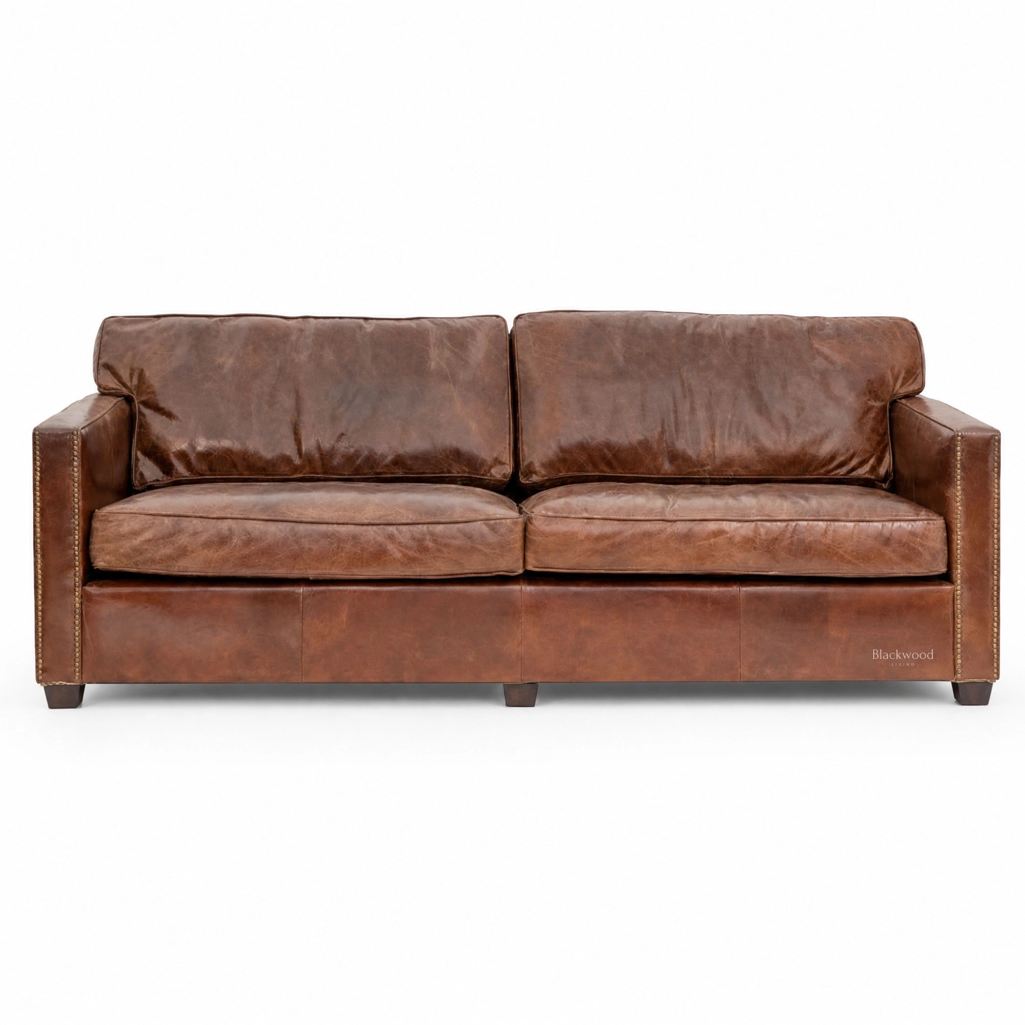 Grange Leather 3 Seat Sofa in warm brown South American top-grain leather, hand-finished for timeless library charm.