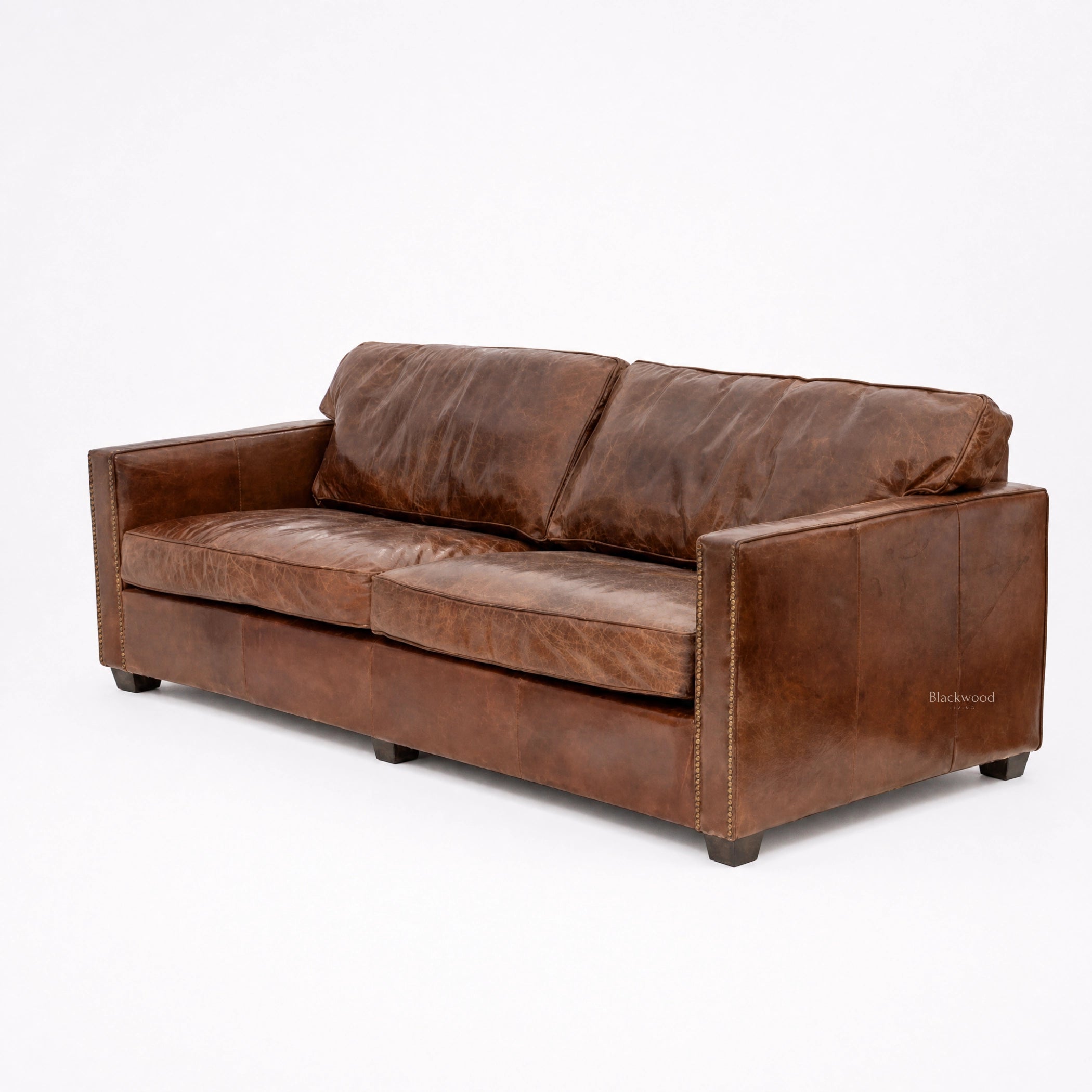 Grange Leather 3-seat Sofa in South American top-grain cow leather, hand-finished with warm country-library character.