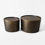 Foundry Table Duo, antique gold iron with a hammered texture, a pair of side tables.