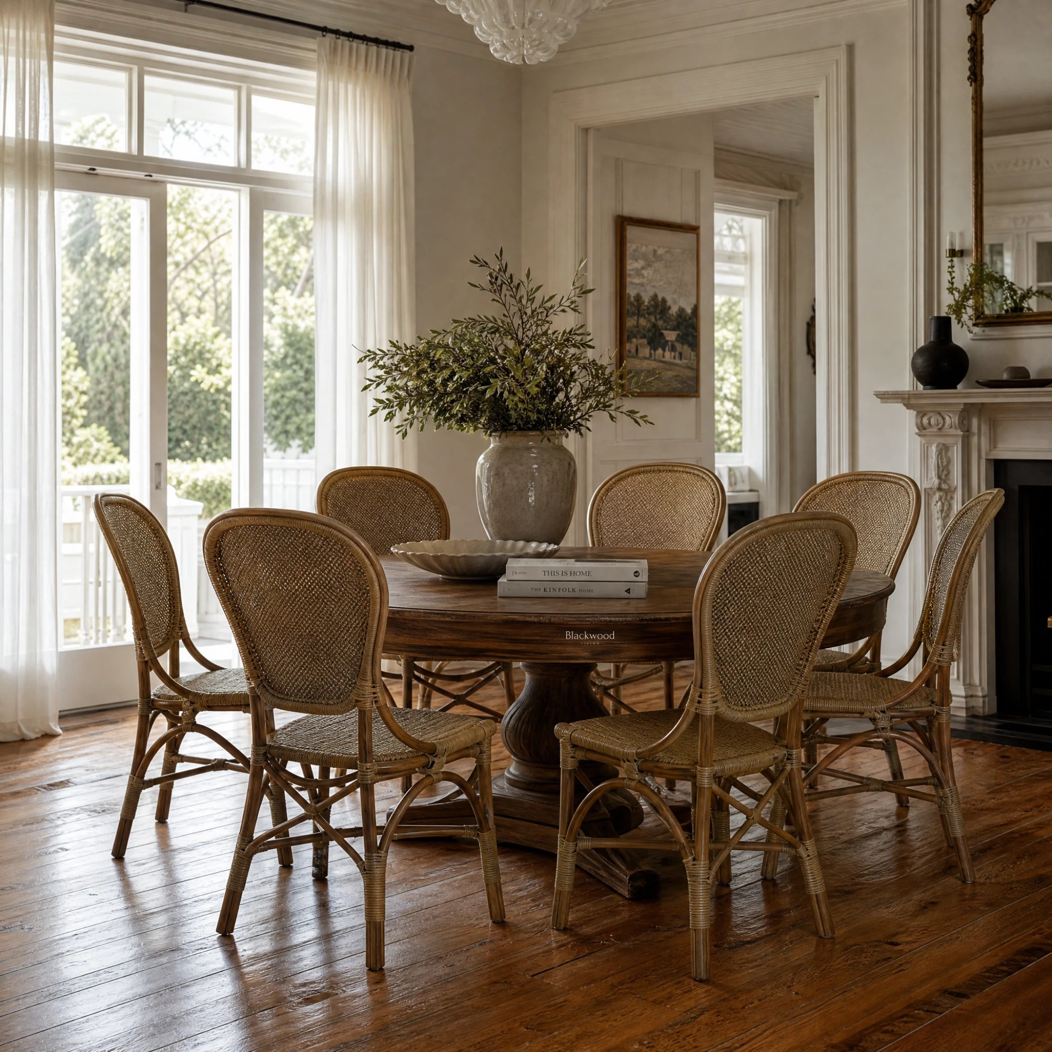 Sika Rossini Rattan Side Chairs around a round wooden dining table in a bright, classic room with woven cane seats.