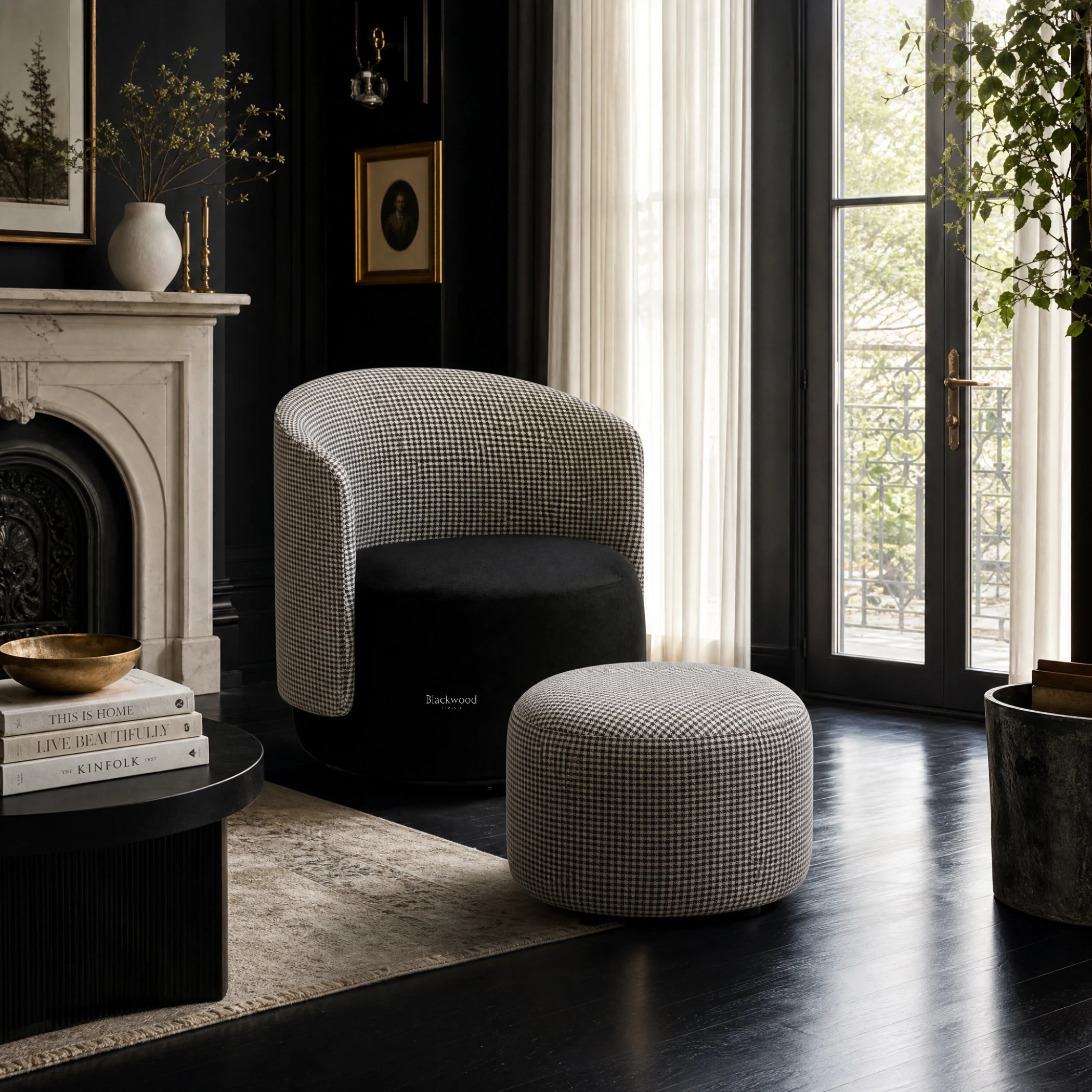 Estella Swivel Chair in black-and-white houndstooth fabric with ottoman in refined living room beside marble fireplace.