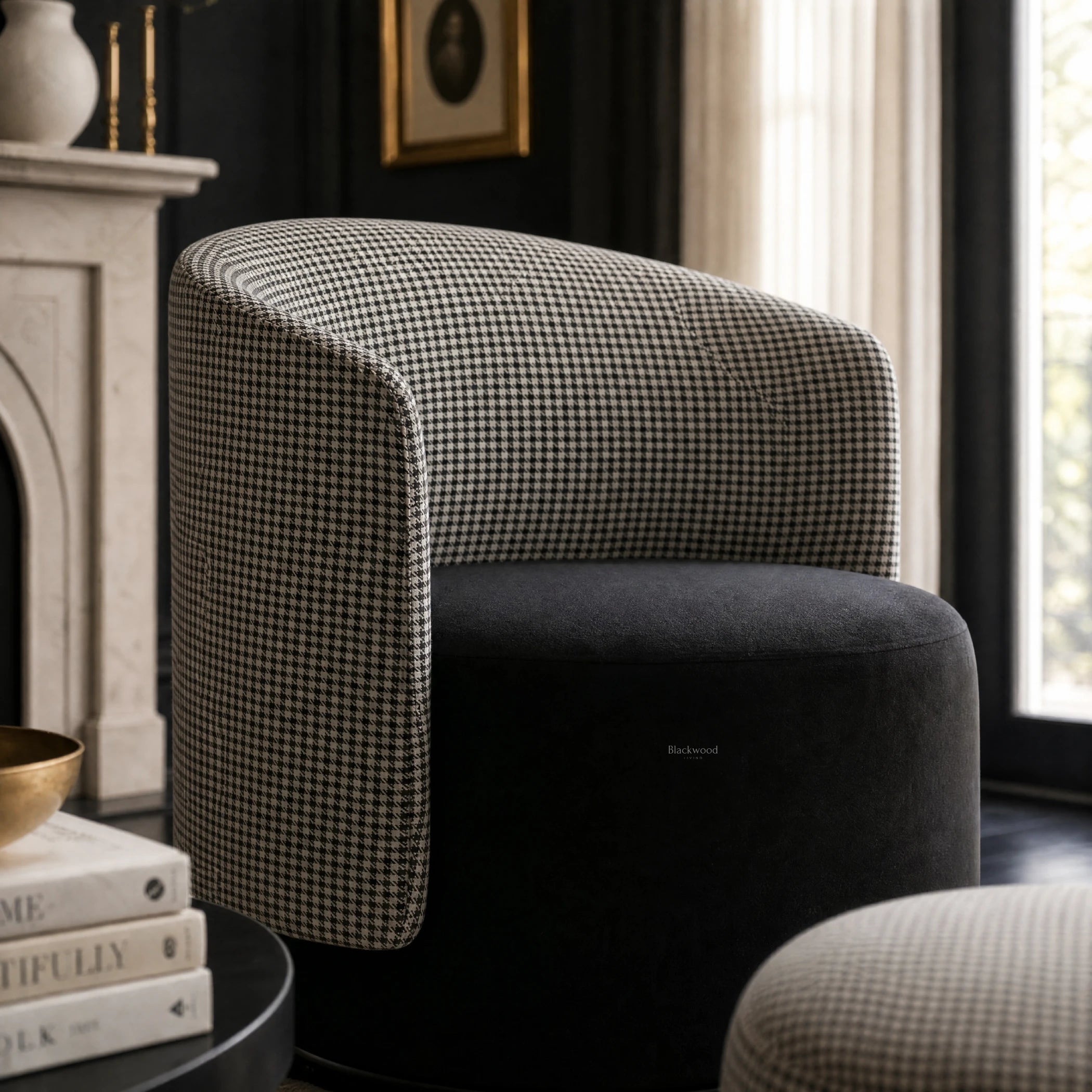 Estella Swivel Chair in black-and-white houndstooth fabric with a curved silhouette and plush seat.