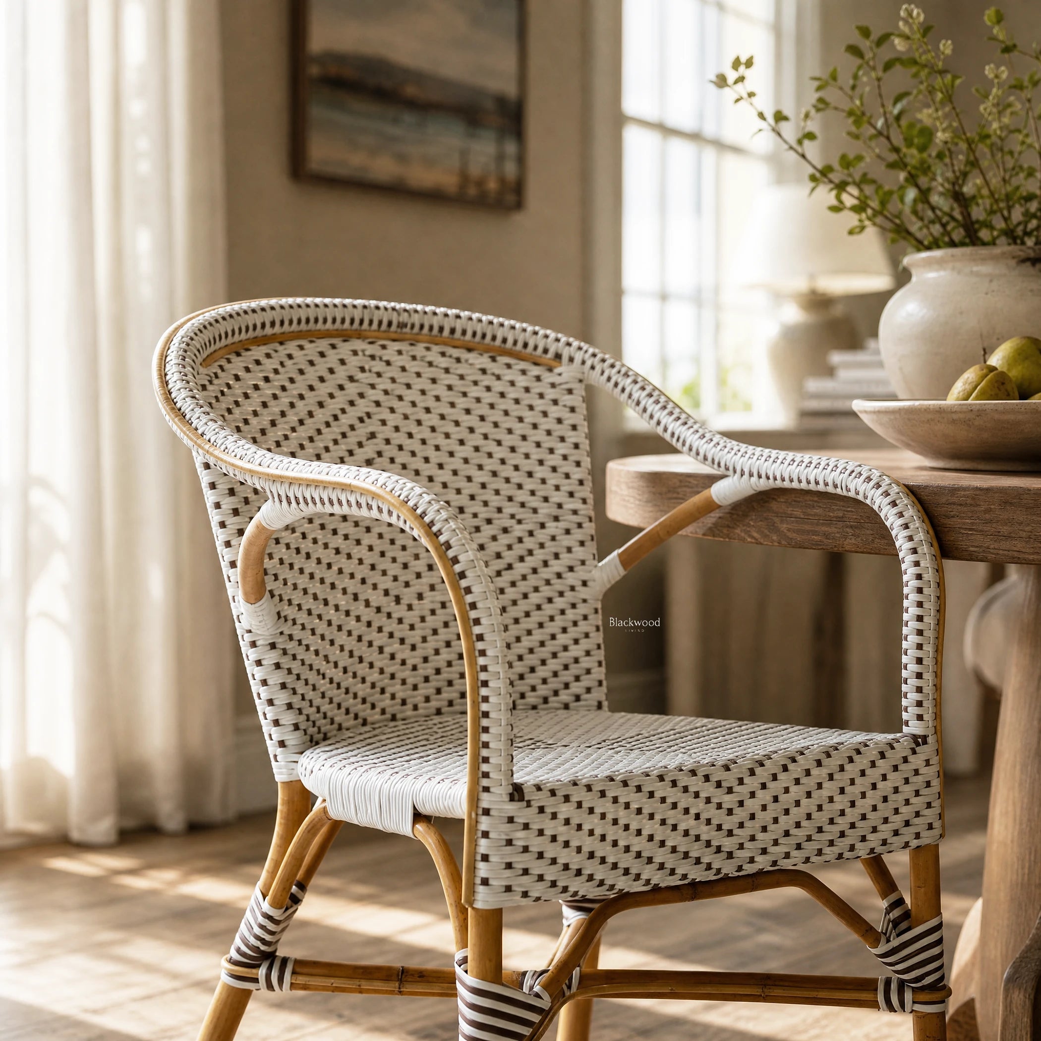 Sika® Affair Madeleine Rattan Armchair with natural frame and woven ArtFibre in a sunlit coastal space.