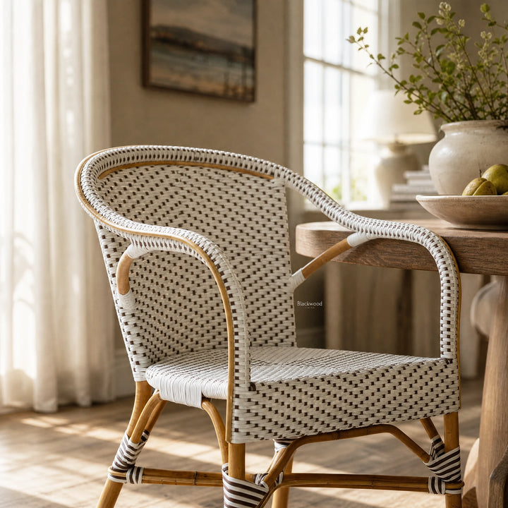 Sika® Affair Madeleine Rattan Armchair with natural frame and woven ArtFibre in a sunlit coastal space.