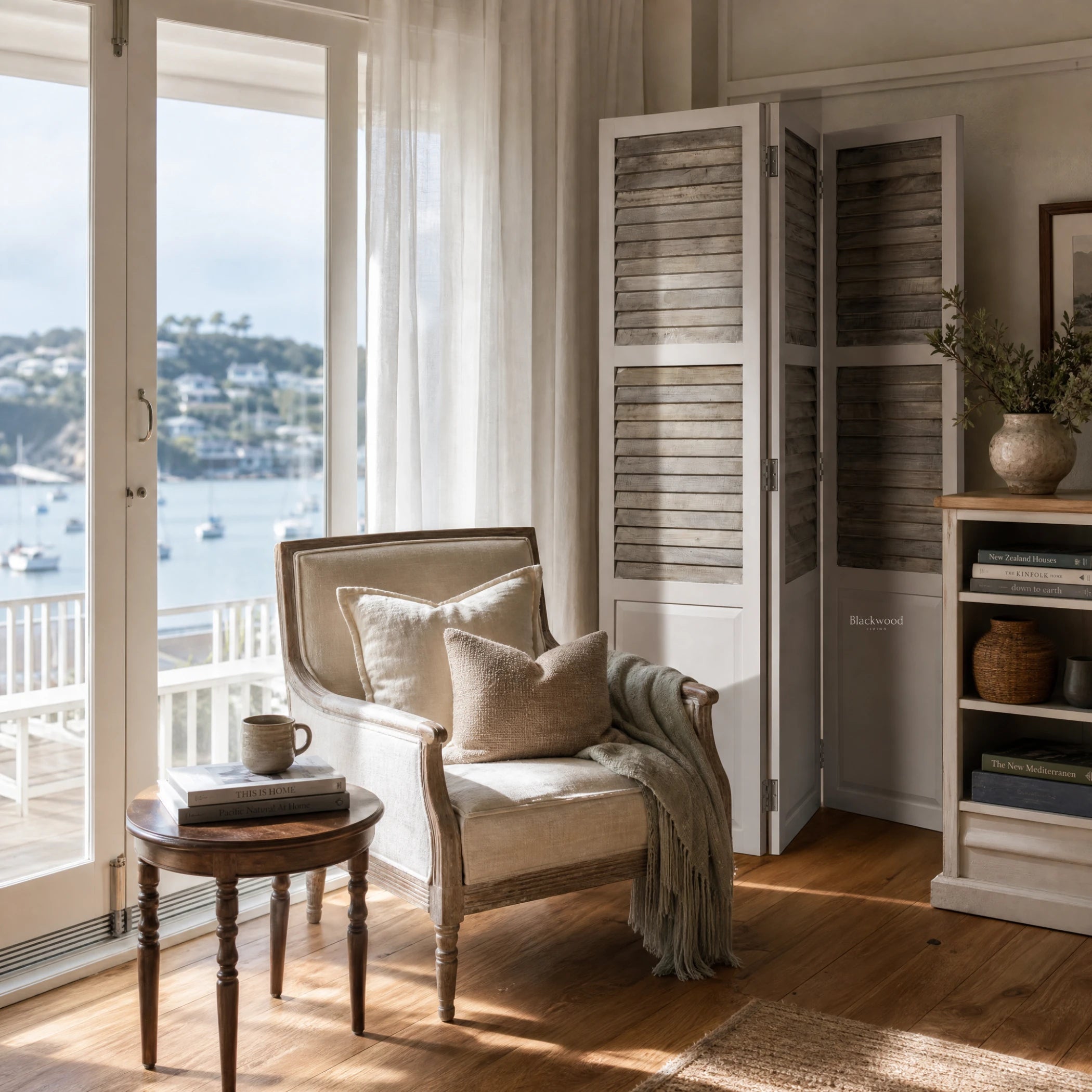 Whitehaven Room Divider in distressed antique white mango wood with shutter panels in a Hamptons-inspired coastal space