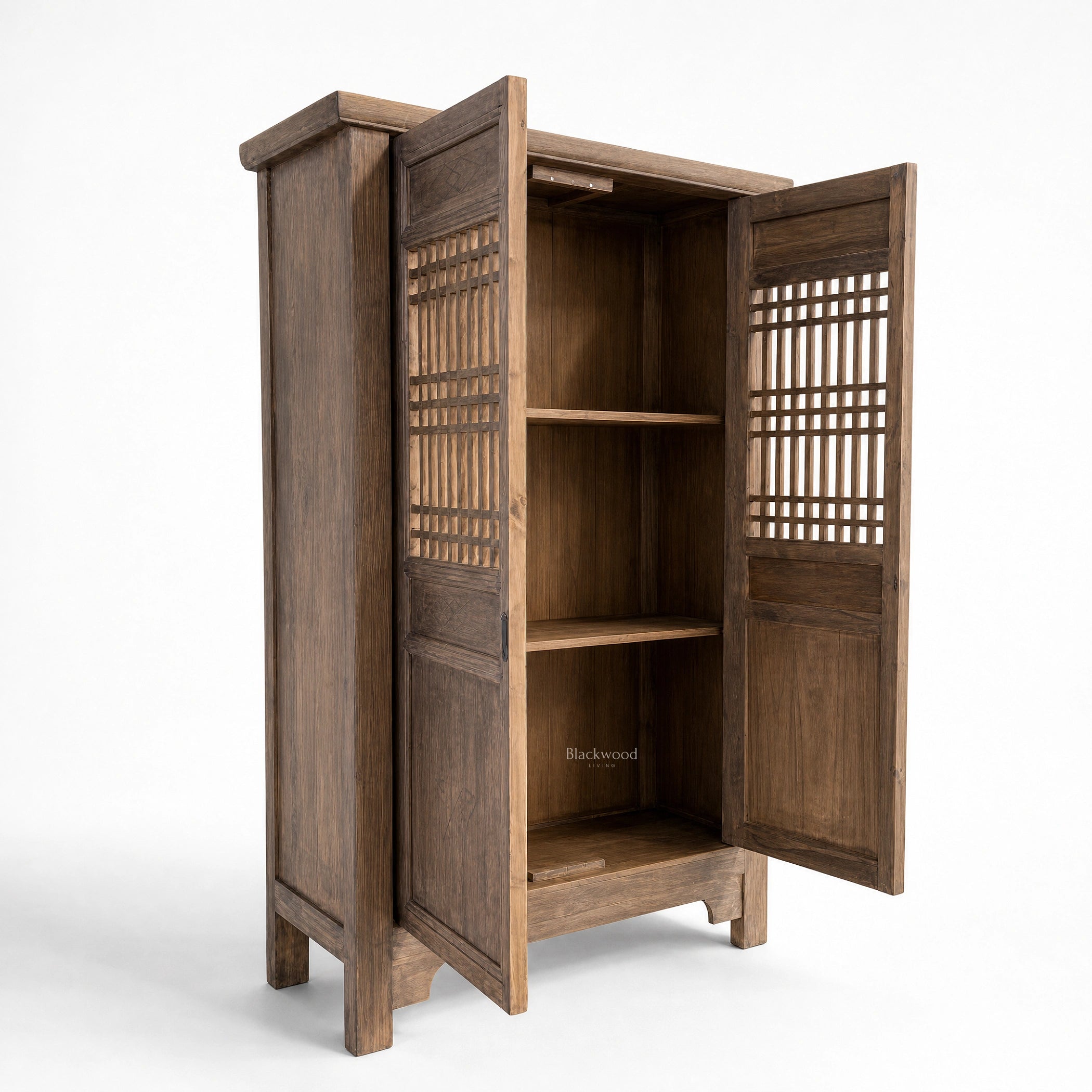 Eastwind Cabinet in weathered elm with lattice panels and interior shelving.