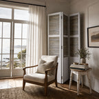 Whitehaven Room Divider in distressed antique white mango wood with shutter-style panels