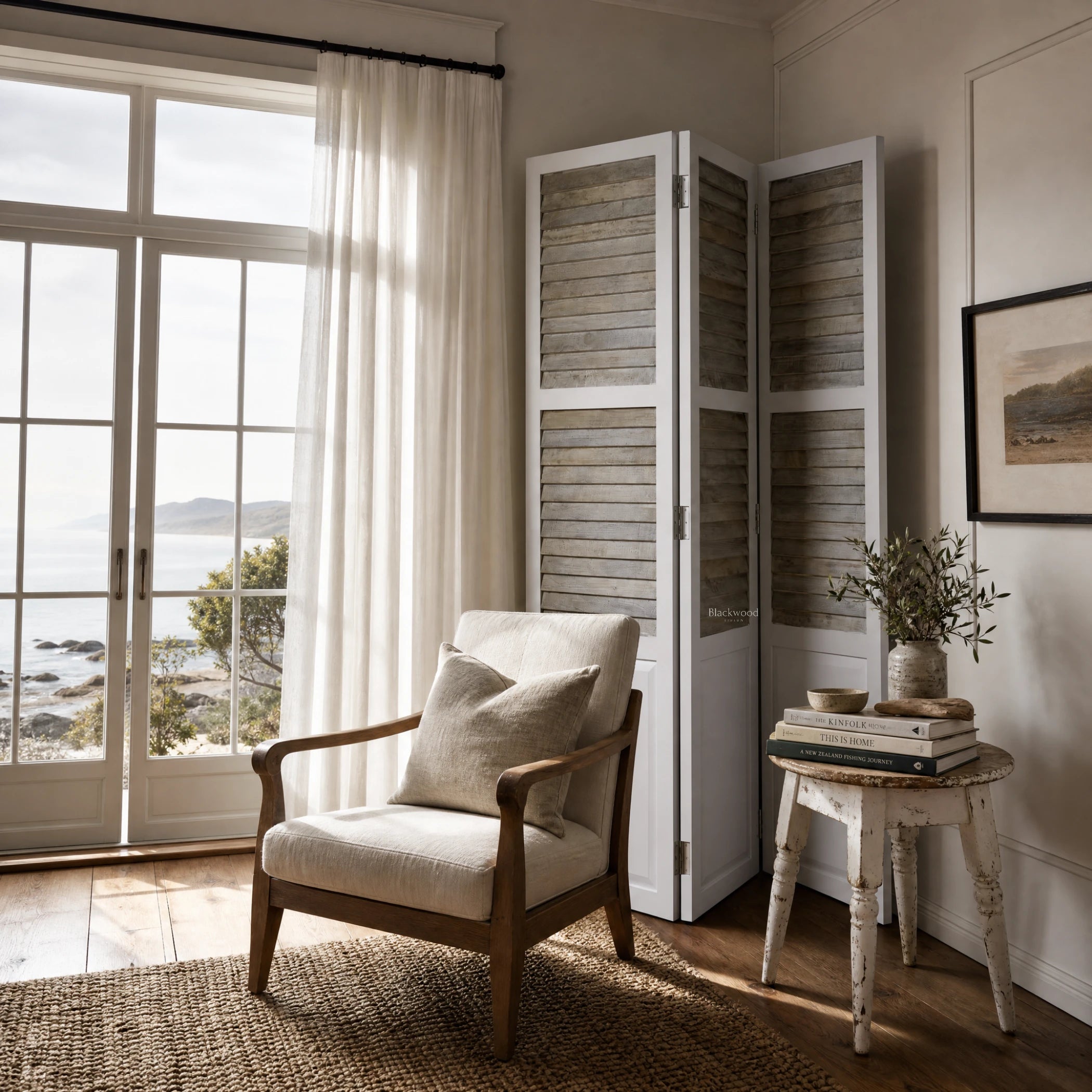 Whitehaven Room Divider in distressed antique white mango wood with shutter-style panels