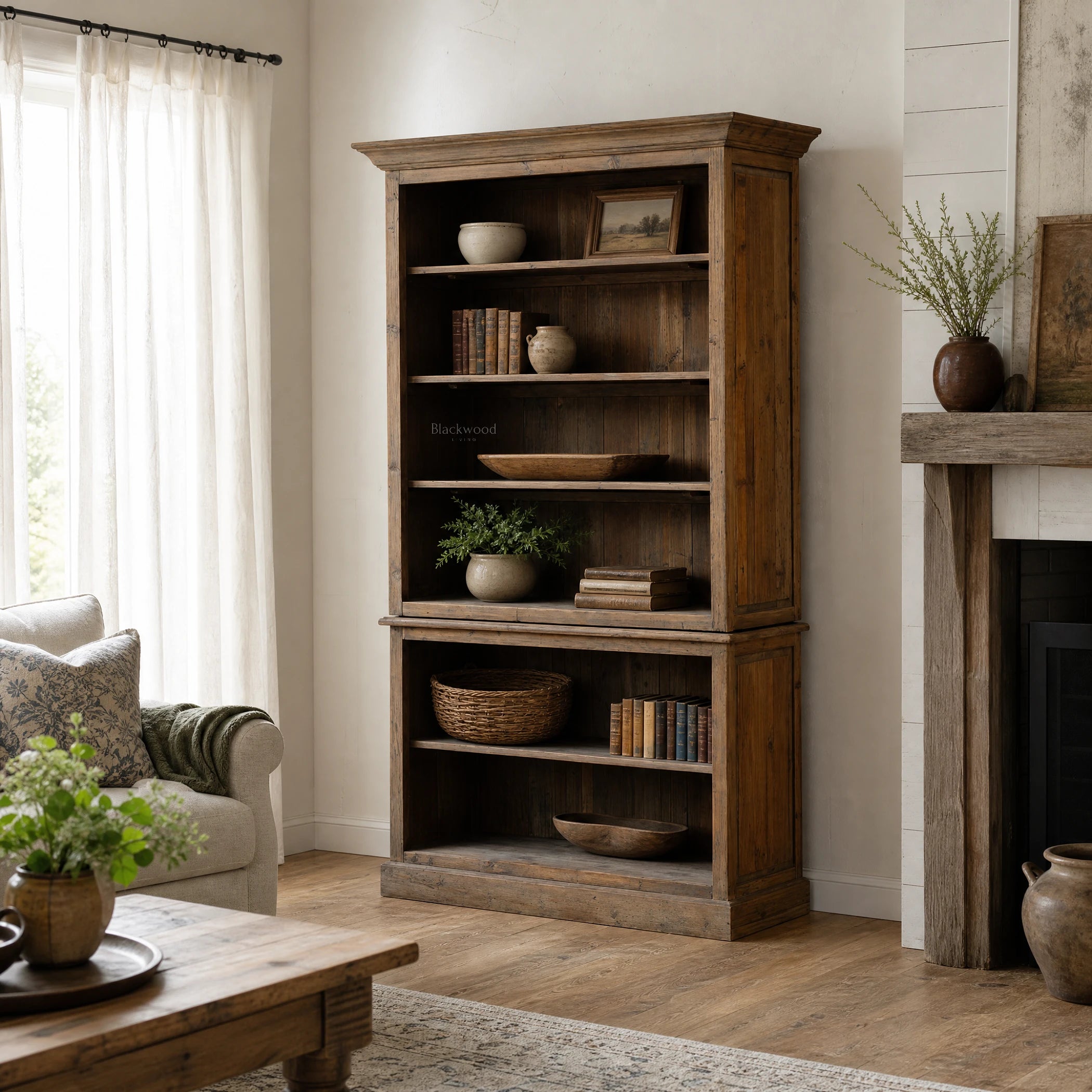 Wycliffe Bookcase in warm recycled pine with textured finish, filled with books and pottery in a cozy living room.