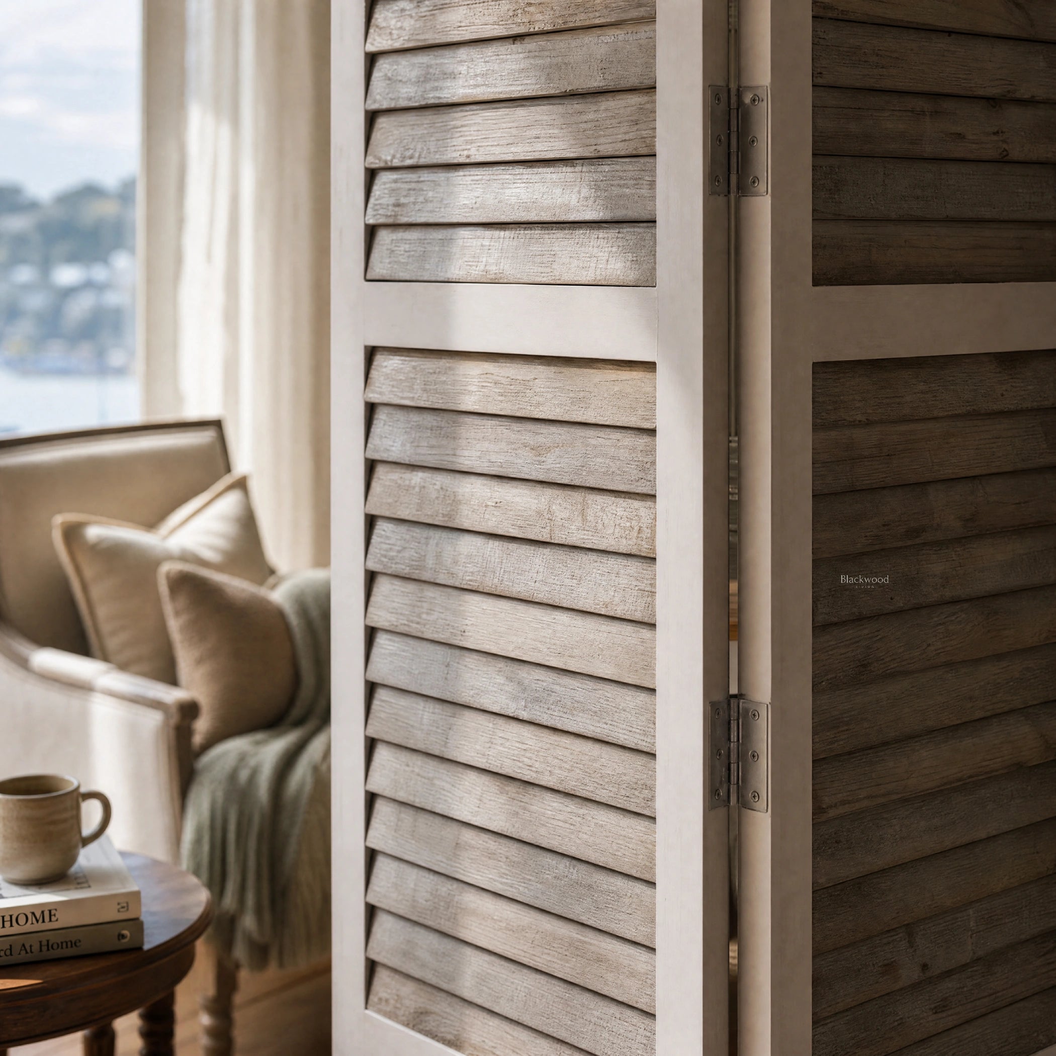 Whitehaven Room Divider in distressed antique-white mango wood with shutter-style panels.