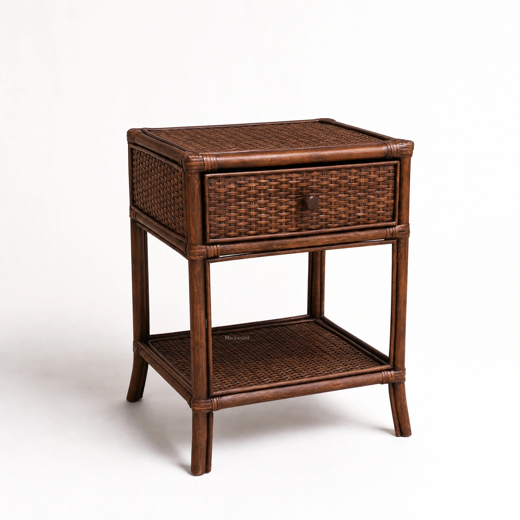 Plantation 1 Drawer Bedside in warm woven rattan with single drawer and lower shelf.