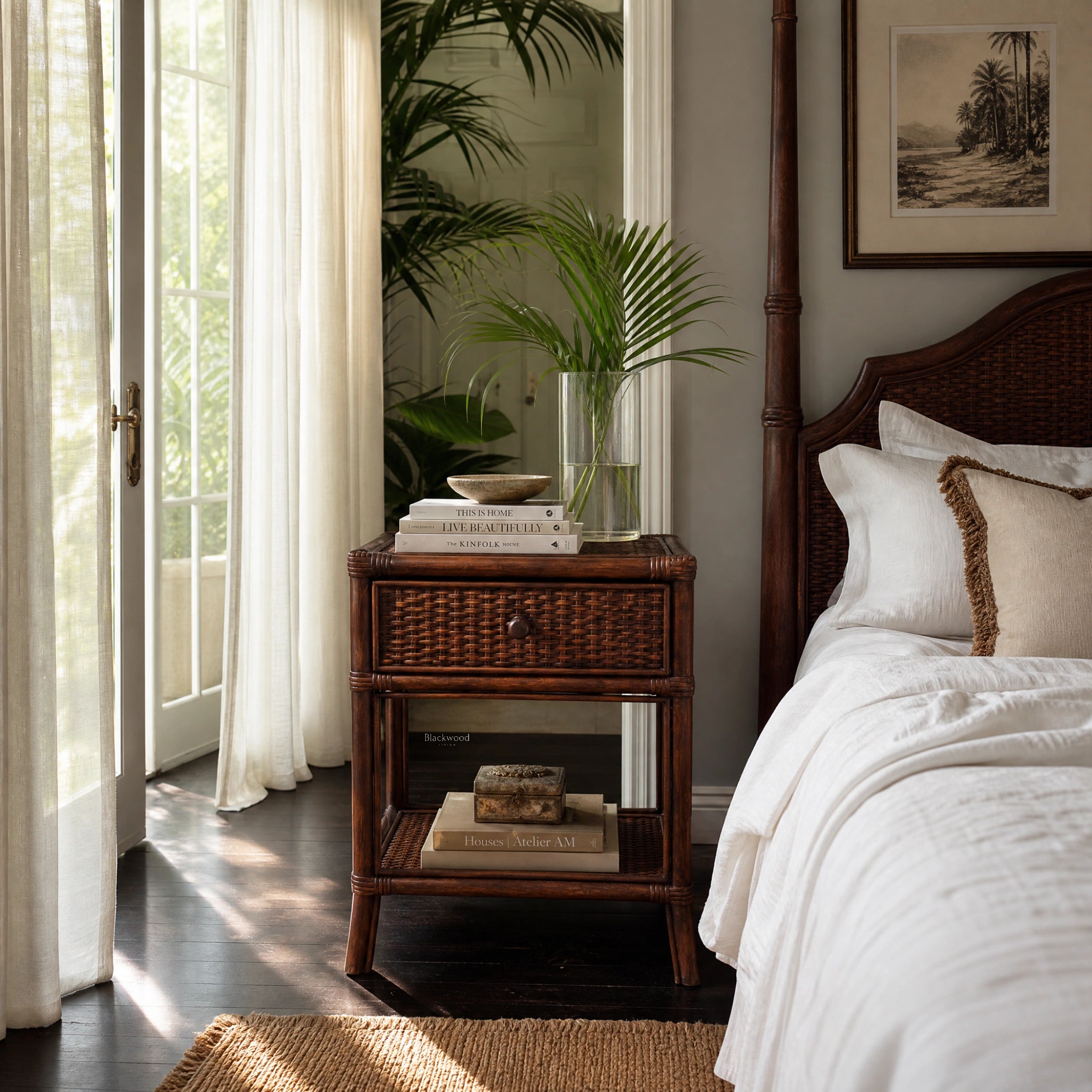 Plantation 1 Drawer Bedside table in handcrafted rattan with woven detailing and storage beside a bed.