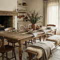 Provence Dining Table in reclaimed elm, 3m long with weathered finish and turned legs in a rustic dining room.