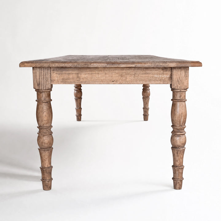Provence Dining Table in reclaimed elm, 3 metre length, weathered finish with traditional turned legs.