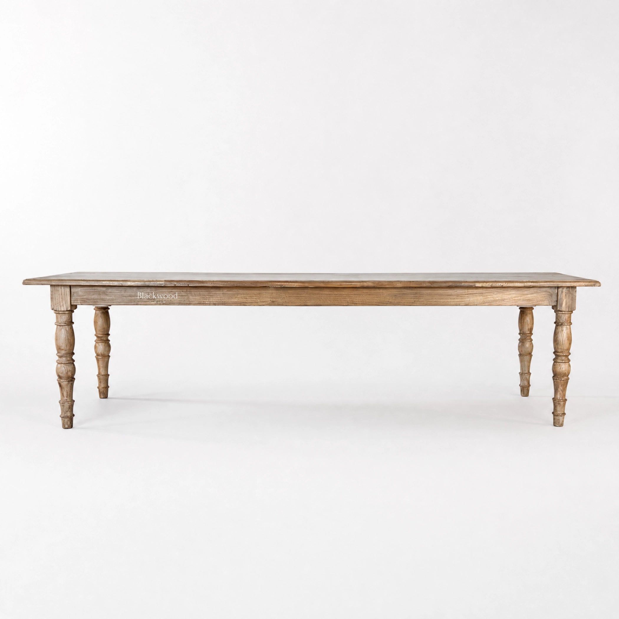 Provence Dining Table in reclaimed elm with a weathered finish and turned legs, 3m long.