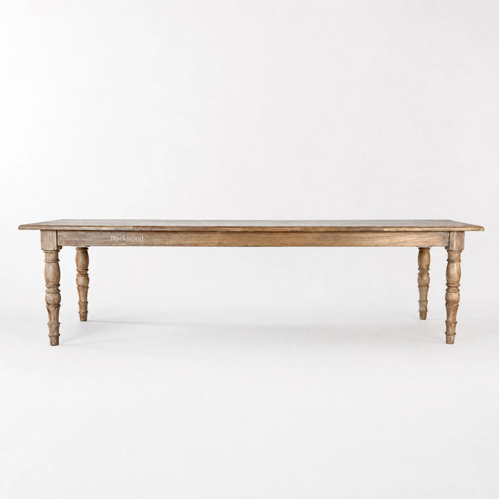 Provence Dining Table in reclaimed elm, 3m long with a softly weathered finish and traditional turned legs.