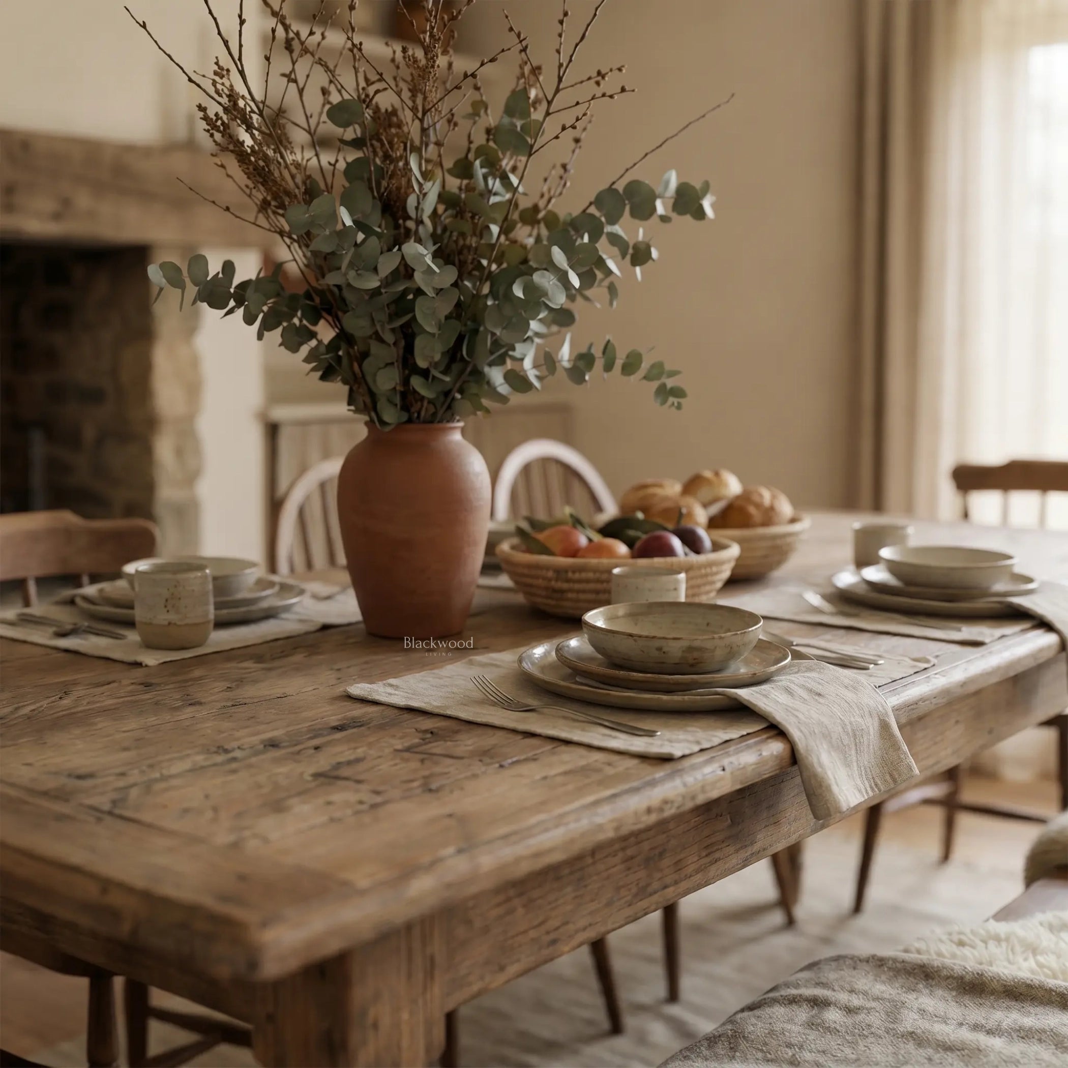 Provence Dining Table in reclaimed elm, 3-metre length, weathered finish, turned legs, set for a family meal