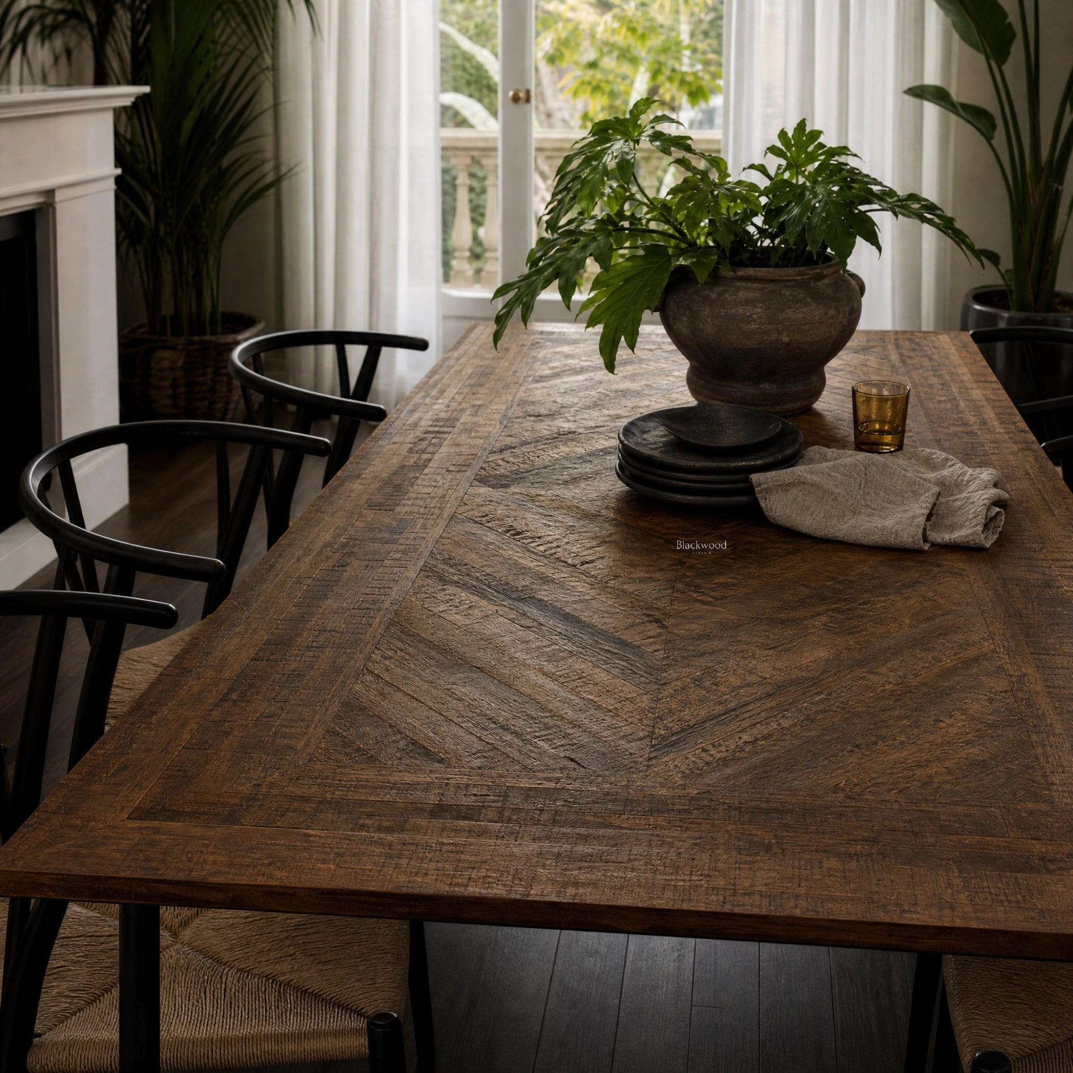 Havana Dining Table in walnut-finished reclaimed mango wood with rich grain patterns, centerpiece plant in rustic pot