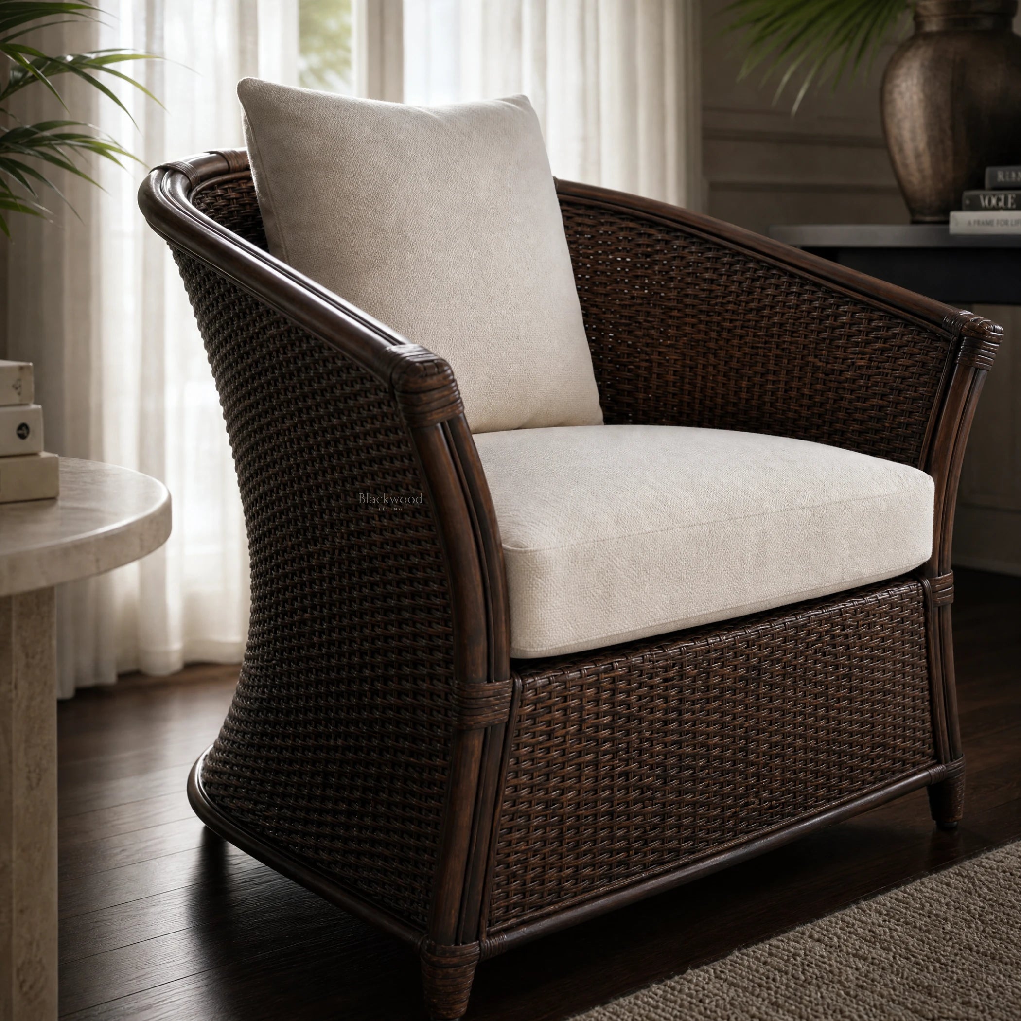 Havana Lounge Chair - Cacao, handwoven rattan with double-layer construction and beige cushion.