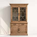 Alderly Wall Unit in reclaimed pine with glass doors and diamond lattice, rustic, warm craftsmanship.