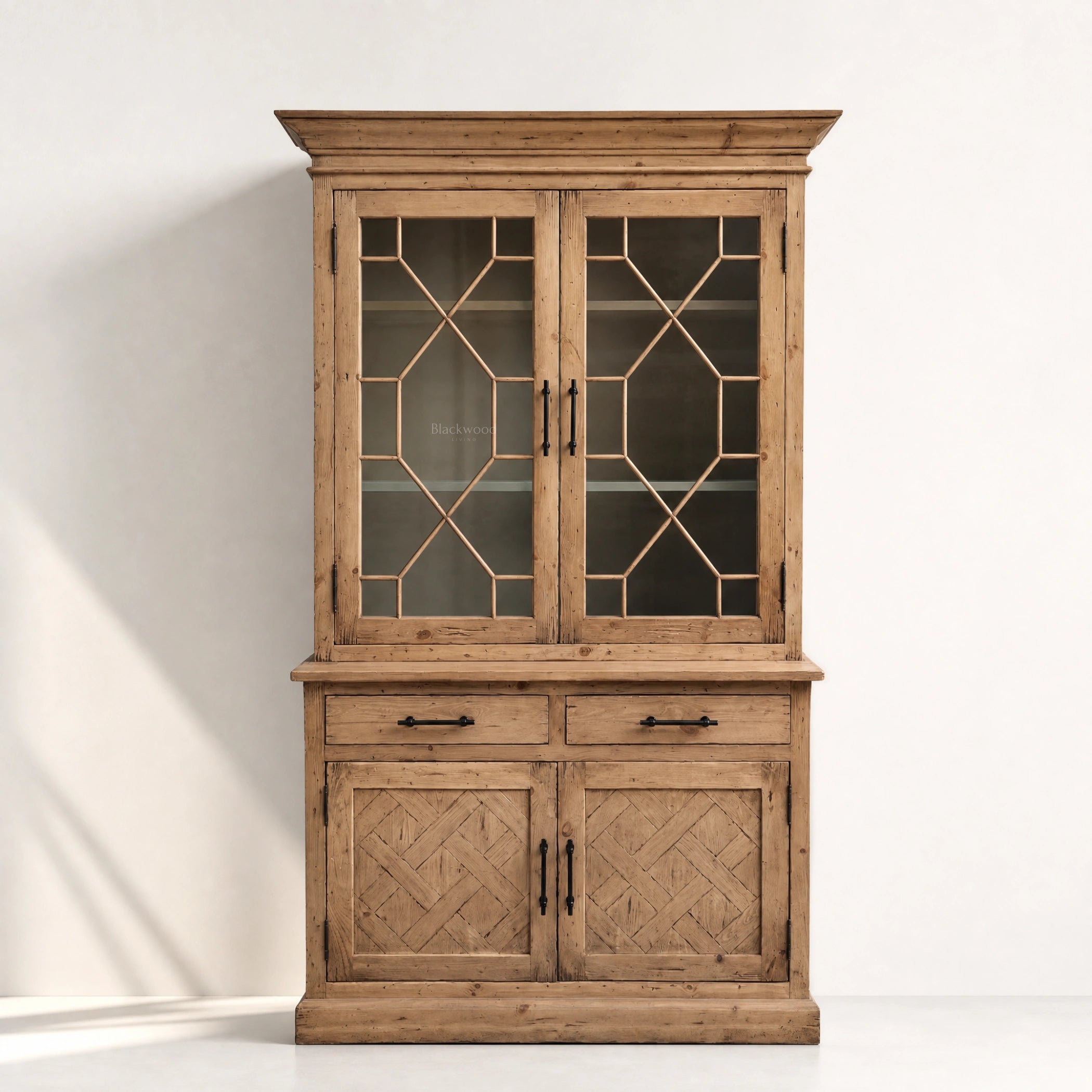 Alderly Wall Unit in reclaimed pine with glass doors and diamond lattice, rustic, warm craftsmanship.