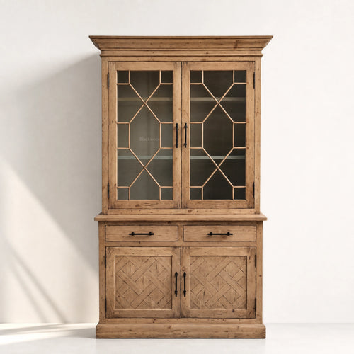 Alderly Wall Unit in reclaimed pine with glass doors and diamond lattice, rustic, warm craftsmanship.