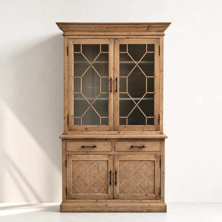 Alderly Wall Unit in reclaimed pine with glass doors and diamond lattice, rustic, warm craftsmanship.