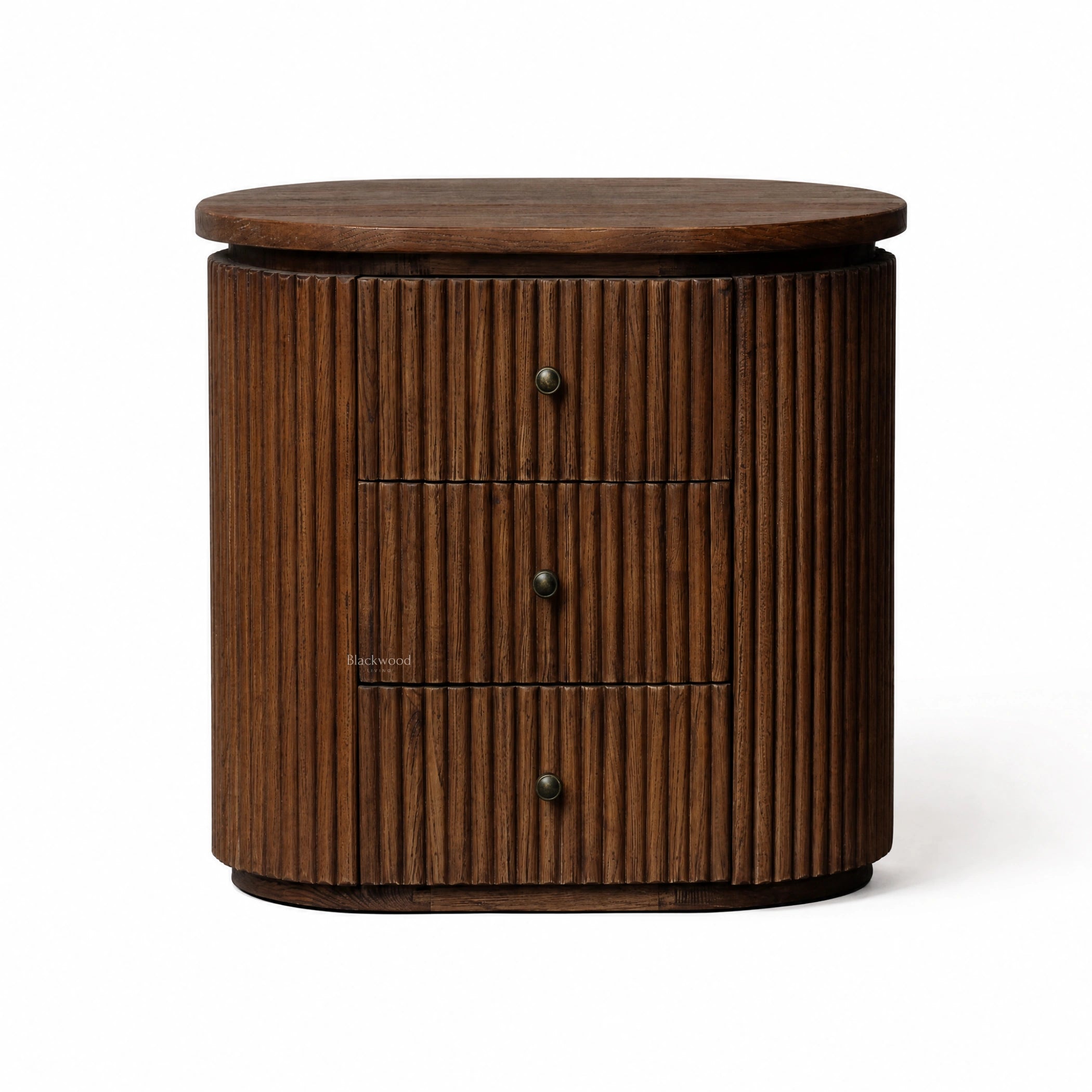 Reed Bedside Table in old elm with a rounded silhouette and deeply fluted timber detailing.