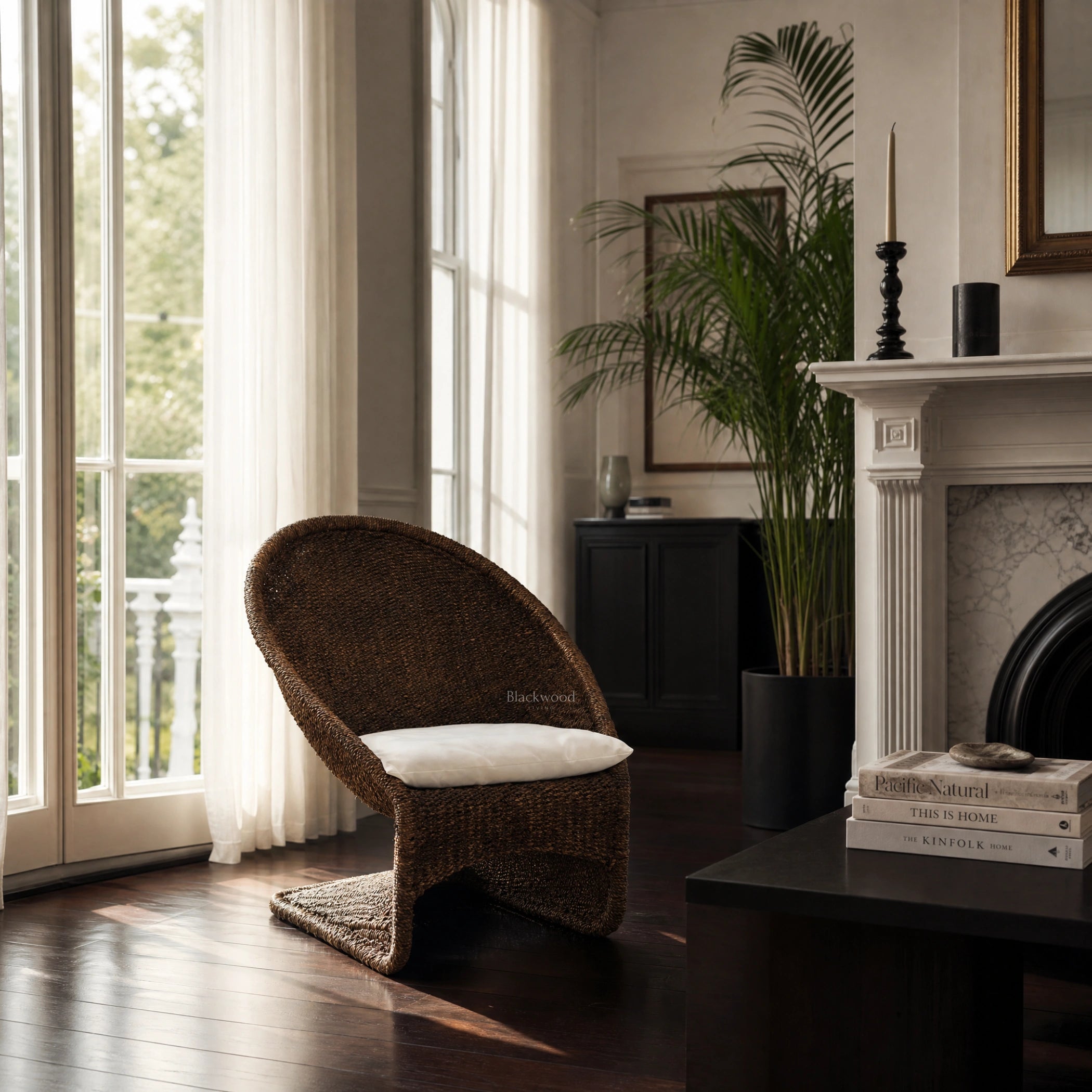 Calypso Lounge Chair in cacao, handwoven water hyacinth rope with sculptural tropical silhouette in a living room.