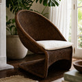 Calypso Lounge Chair - Cacao, handwoven water hyacinth rope, curved silhouette with cream cushion