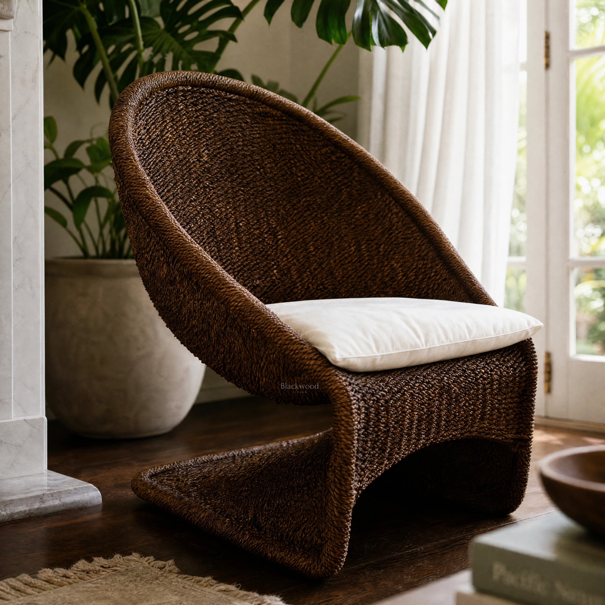 Calypso Lounge Chair - Cacao, handwoven water hyacinth rope, curved silhouette with cream cushion