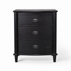 Thornfield Bedside Table with multiple drawers in a rustic black finish and metal ring pulls.