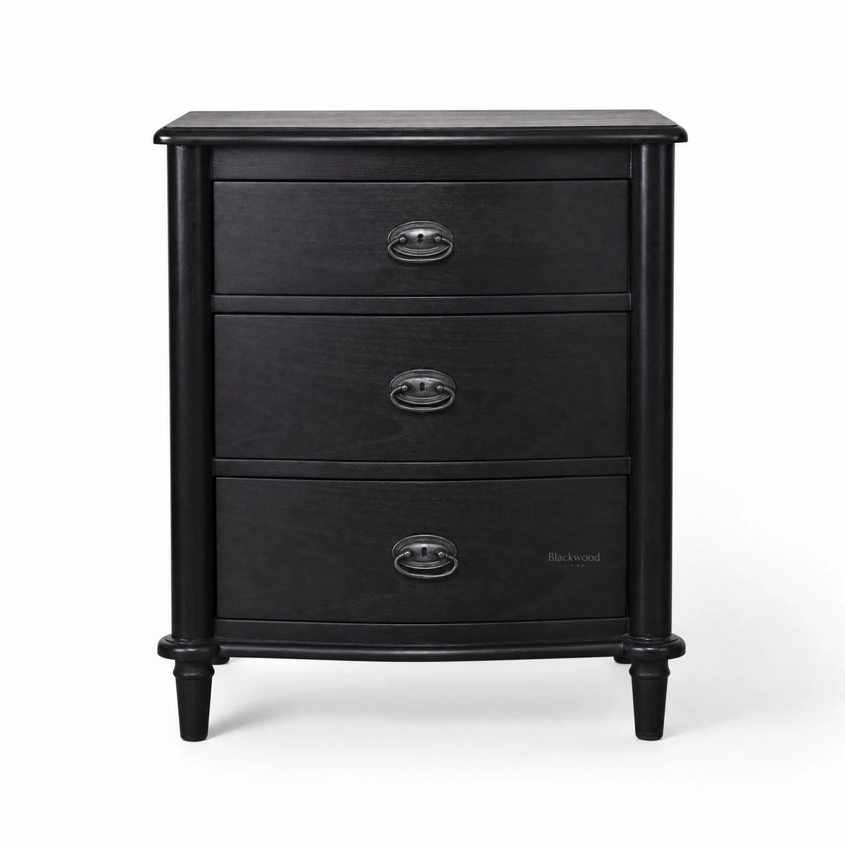 Thornfield Bedside Table with multiple drawers in a rustic black finish and metal ring pulls.