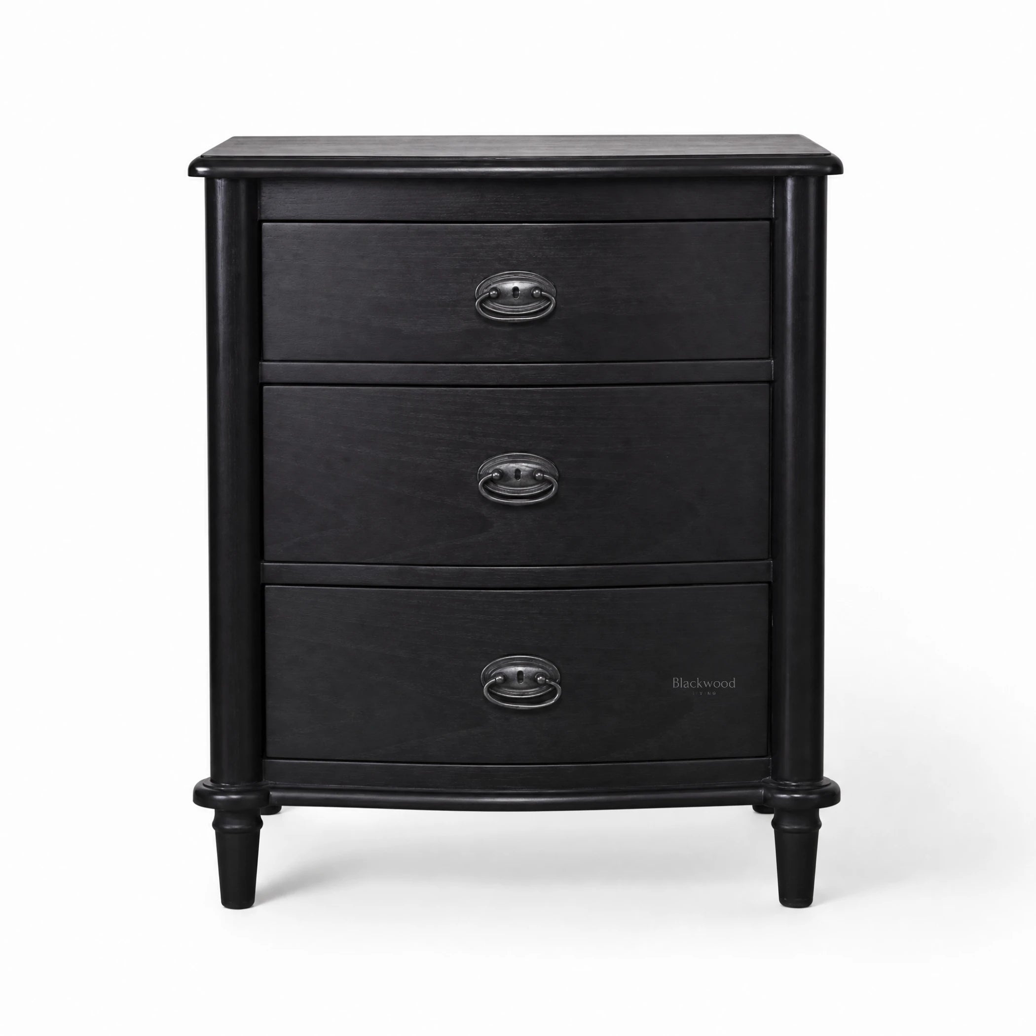 Thornfield Bedside Table with multiple drawers in a rustic black finish and metal ring pulls.