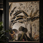 Panama Wall Hanging: tropical botanical scene on a crumpled papier panel with palms and blossoms, wooden rods.