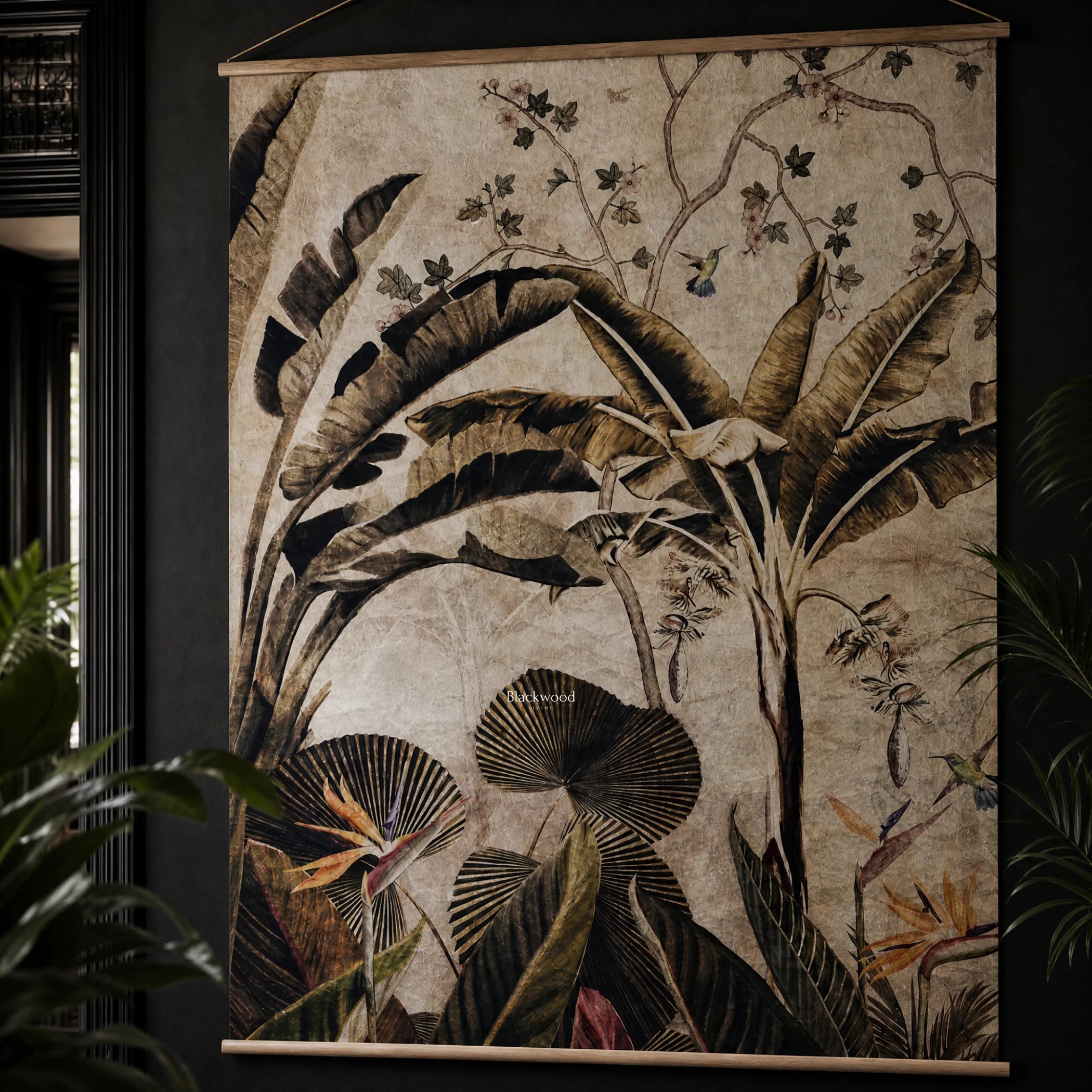 Panama Wall Hanging: tropical botanical scene on a crumpled papier panel with palms and blossoms, wooden rods.