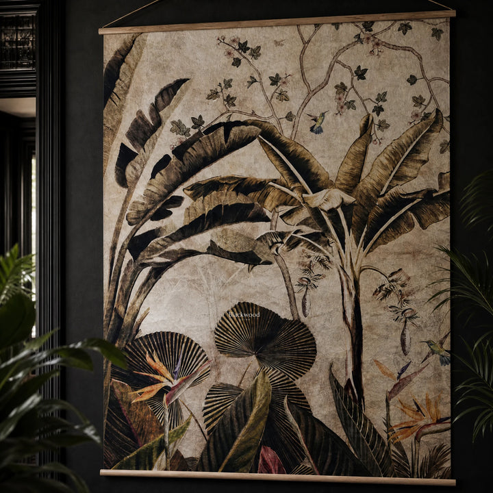 Panama Wall Hanging: tropical botanical scene on a crumpled papier panel with palms and blossoms, wooden rods.