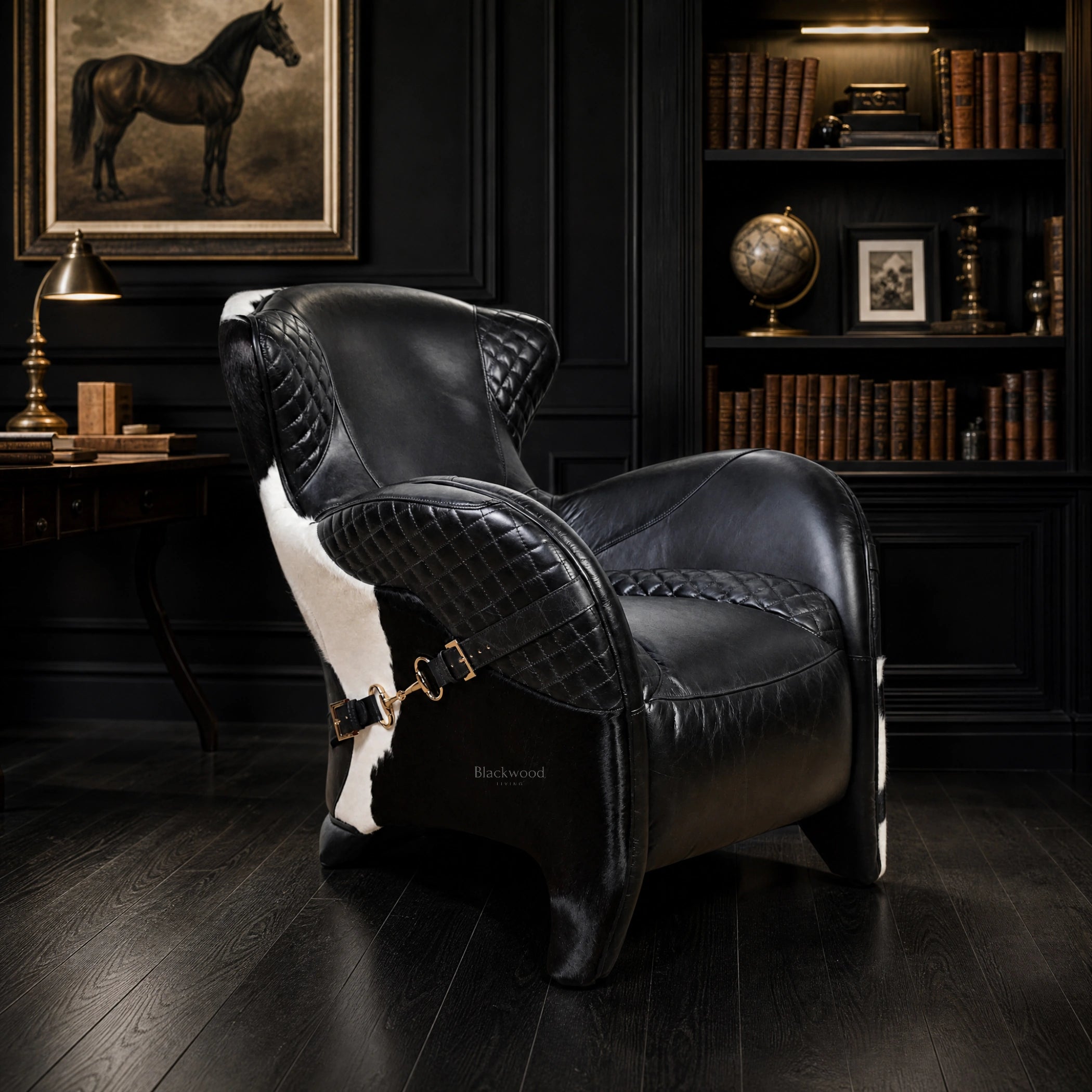 The Huntsman Chair in South American top-grain leather with cowhide detailing and saddle straps in a dark study.