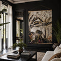 Panama Wall Hanging botanical print on a crumpled papier panel in a dark, elegant living room with tropical plants.