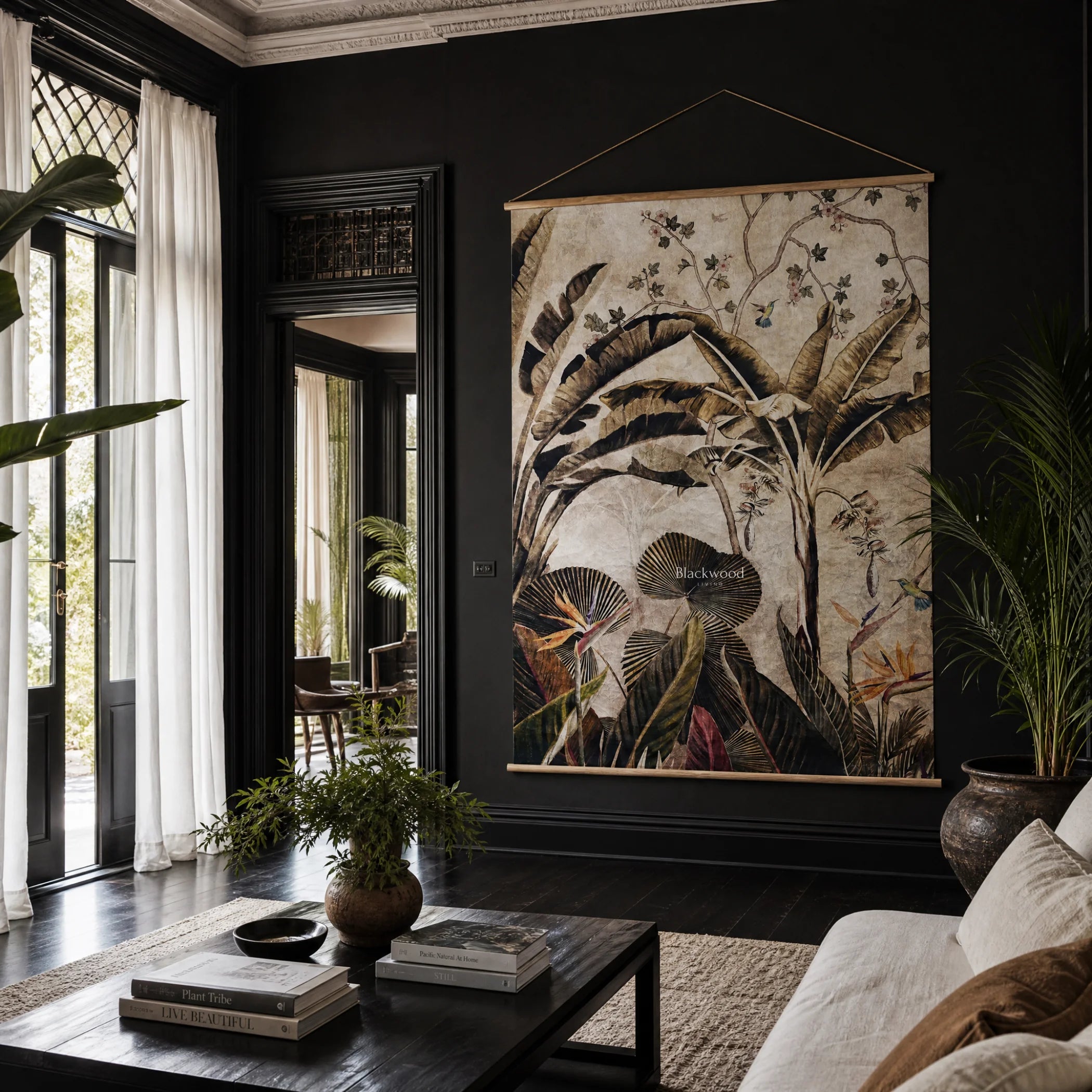 Panama Wall Hanging botanical print on a crumpled papier panel in a dark, elegant living room with tropical plants.