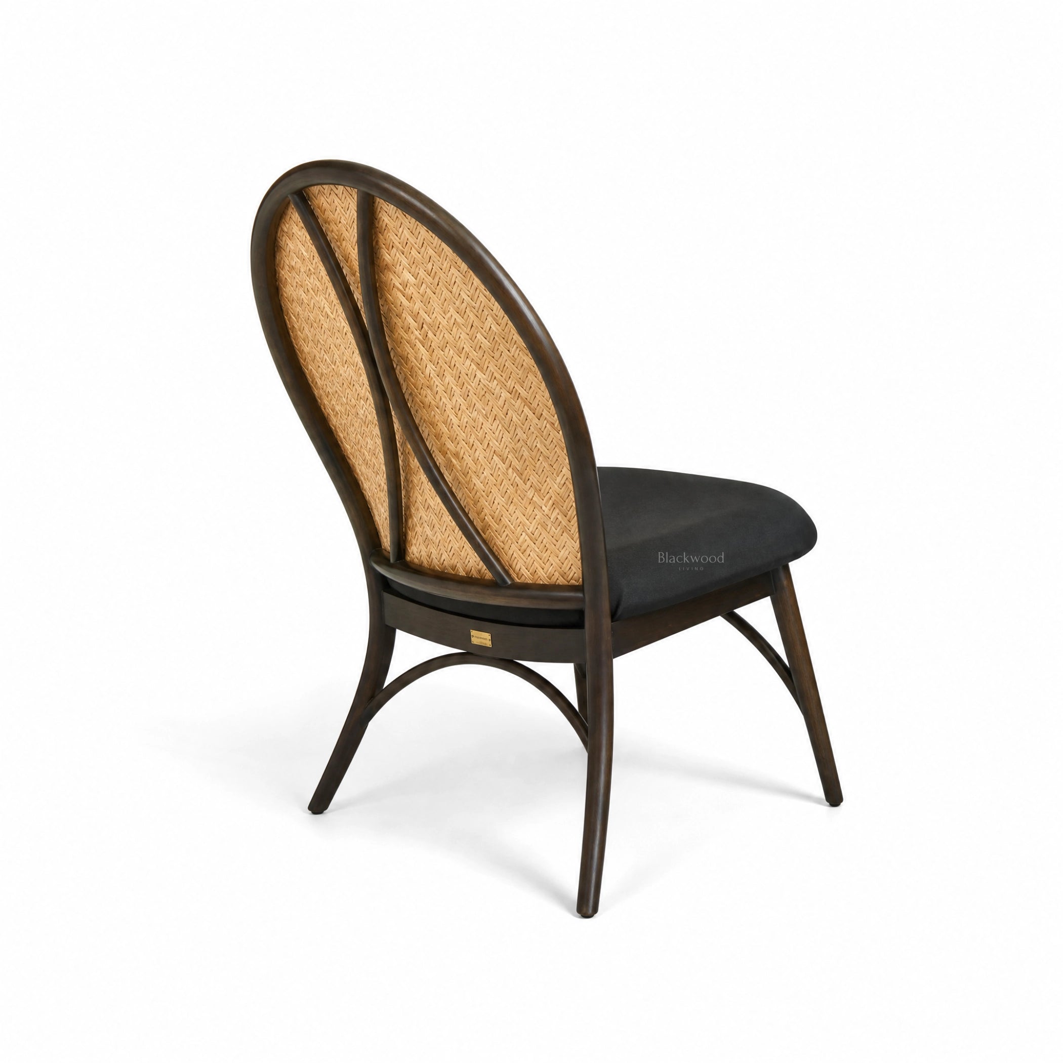 Triboa Bay Forio Accent Chair with curved Gmelina wood frame, woven natural cane back, and dark upholstered seat.