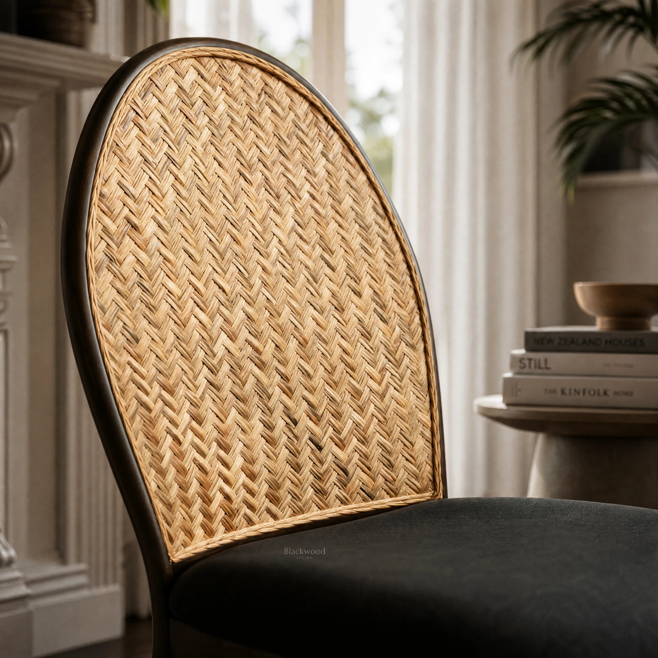 Triboa Bay® Forio Accent Chair with curved Gmelina wood frame and woven natural cane back.