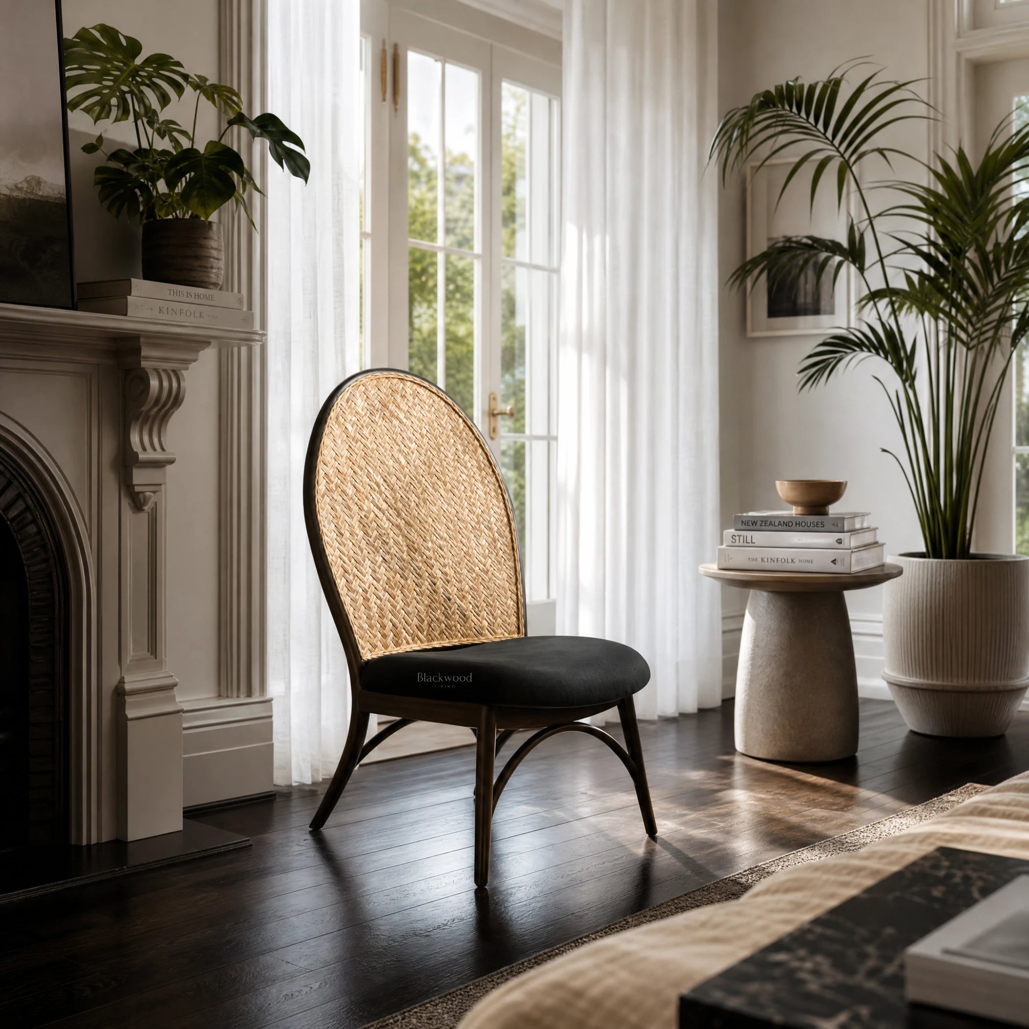 Triboa Bay® Forio Accent Chair featuring curved Gmelina wood frame and woven natural cane back.
